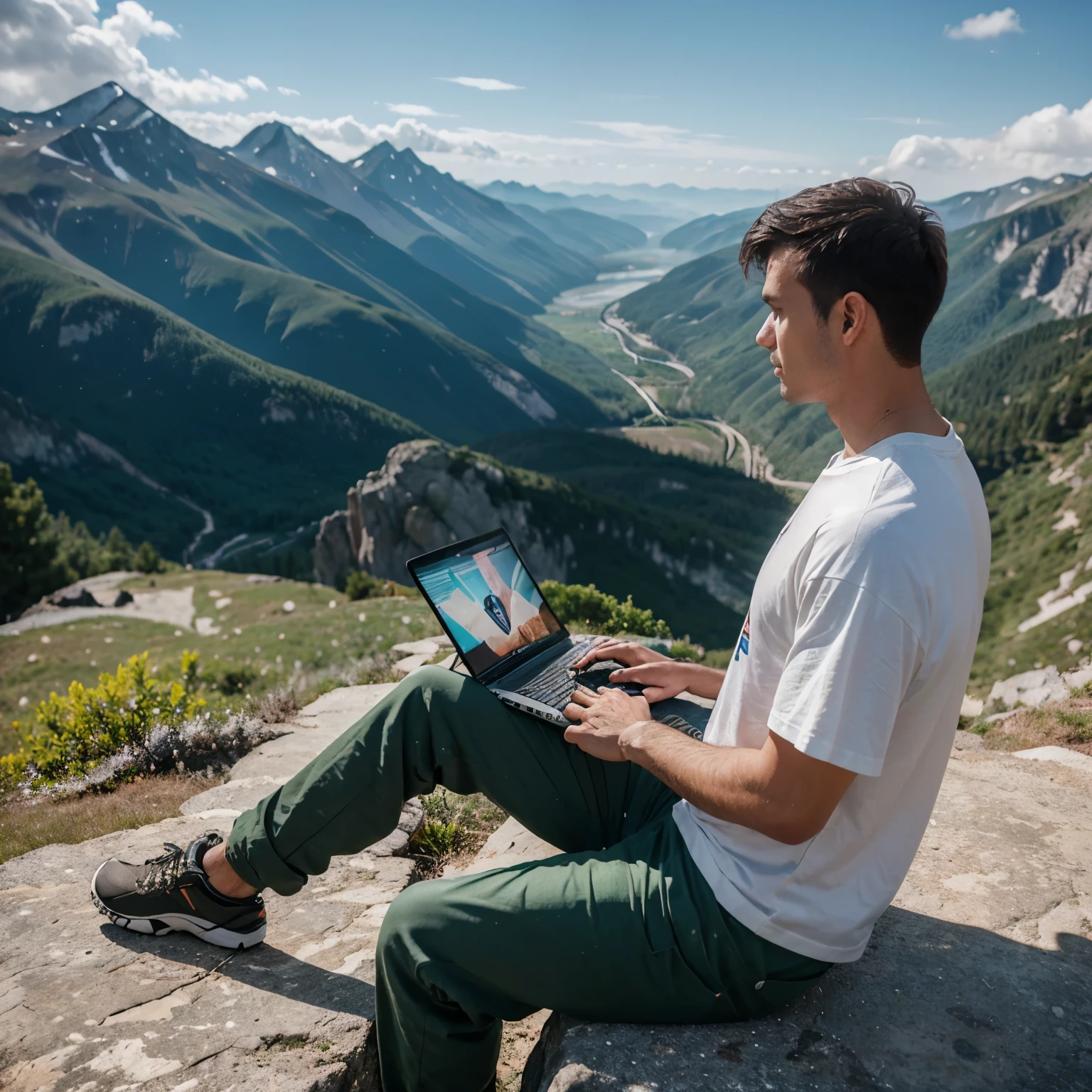 a freelancer male digital marketer working on his laptop, sitting on top of a mountain edge, looks like he is about to fall, wearing baggy pants and white t shirt, surrounded by mountains and greenery background, adventure, 8k, ultra realistic