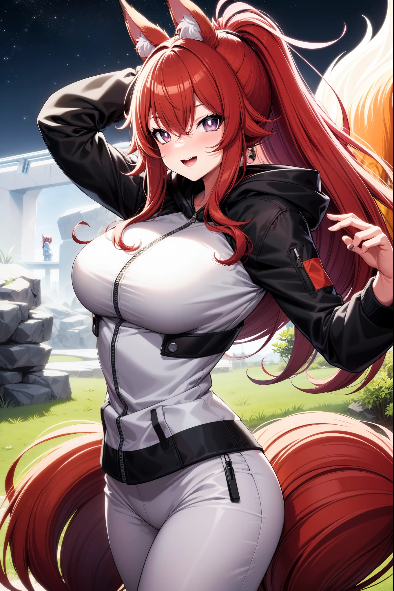 (cowboy shot), (best quality, ultra-high resolution, depth of field:1.2), beautiful face, (25 years old), (fox woman), purplish eyes, bright pupiledium breastischievous smile), (pastel red long hair), ponytail, animal ears, (fluffy wolf ears), (fluffy tail), (wearing a futuristic white jacket with the hoodie down:1.2), (wearing futuristic soggy pants:1.3), Japanese park scenery, night time, (multiple points of views), dynamic pose