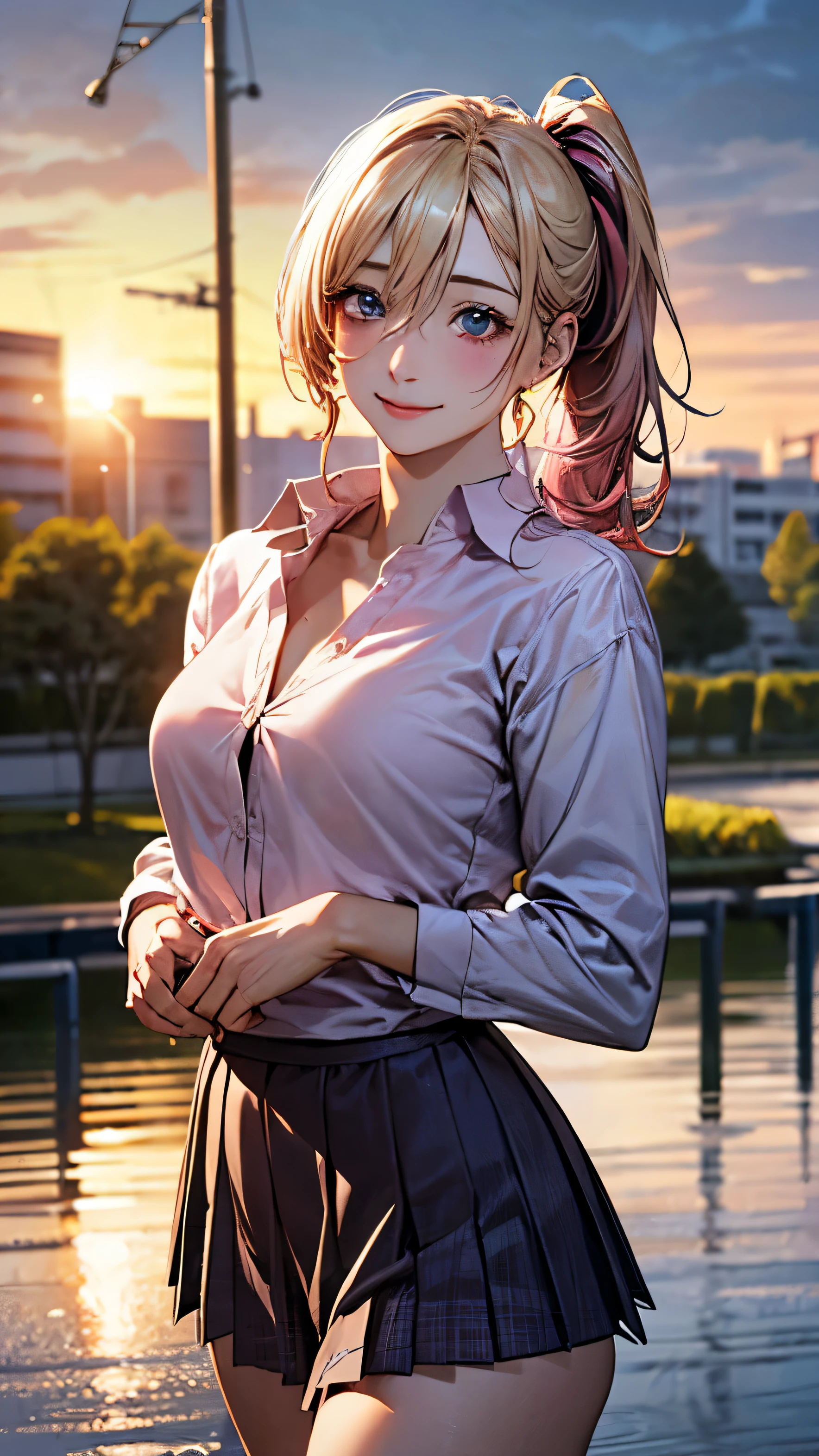 (masterpiece:1.2, top-quality), (realistic, photorealistic:1.4), beautiful illustration, (natural side lighting, movie lighting),
looking at viewer, cowboy shot, front view:0.6, 1 wonan, japanese, , perfect face, cute and symmetrical face, shiny skin,
(middle hair:1.7, side ponytail:1.7, (blonde hair)), hair between eyes, blue eyes, long eye lasher, (large breasts:0.9, thick thighs),
beautiful hair, beautiful face, beautiful detailed eyes, beautiful clavicle, beautiful body, beautiful chest, beautiful thigh, beautiful legs, beautiful fingers,
((red pleated pencil, unbuttoned light pink shirt)), pink hair ribbon, pink panties,
(beautiful scenery), evening, riverside, walking, hands on chest, (excited face, very happy),