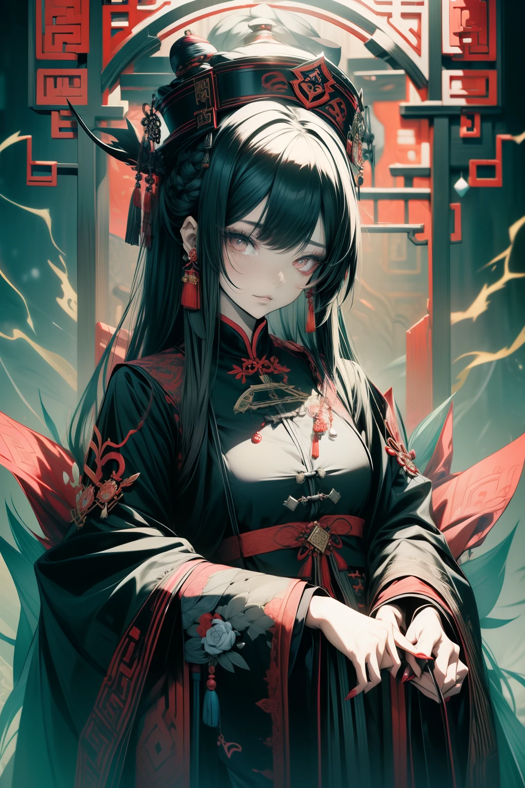 Chinese Gothic Punk、JIANGSHI style,Daughter of the Chinese emperor、Overwhelming intimidation、Emitting majesty from the whole body、Put your hands in your sleeves,(Comic Noir Style),(linear art_Anime),(solid color_highcontrast),(masutepiece, Best Quality, ),(Laura Bad Picture:1.2),(Lora Add Details:1.2),8K, Flat color:1.2,1girl in,JIANGSHI QUEEN SITTING ON A CRIMSON THRONE WEARING A HEAVY CLOAK,JIANGSHI,BEAUTY JIANGSHI、Very long hair、Chinese Opera style makeup,Luxurious costume with beautiful embroidery_Dragon and phoenix embroidery:1.2,(lora:add more detail:1.2)