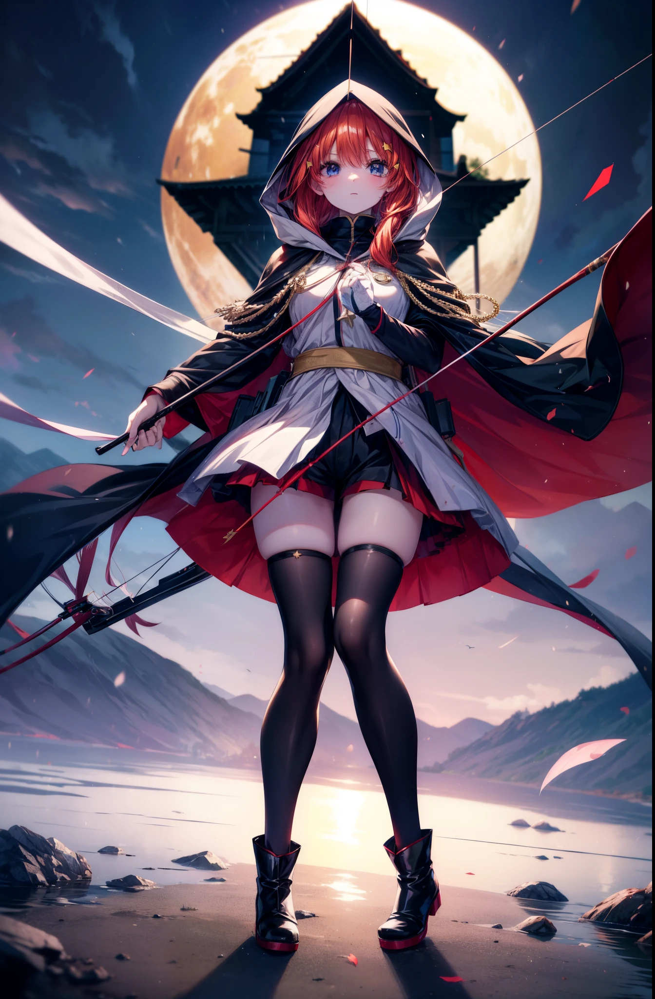 itsukinakano, Itsuki Nakano, bangs, blue eyes, hair between eyes, back hair　dumpling hair, redhead, star \(symbol\), hair ornaments, star hair ornaments,hood up,holding a bow and arrow in his hands, anime girl with bow and arrow, Gviz, wield a bow, asymmetrical clothes, boots, cloak,gloves, red Thighhighs, high heels, shorts, Thighhighs,
break outdoors, forest,forest林,
break (masterpiece:1.2), highest quality, High resolution, unity 8k wallpaper, (figure:0.8), (detailed and beautiful eyes:1.6), highly detailed face, perfect lighting, Very detailed CG, (perfect hands, perfect anatomy),