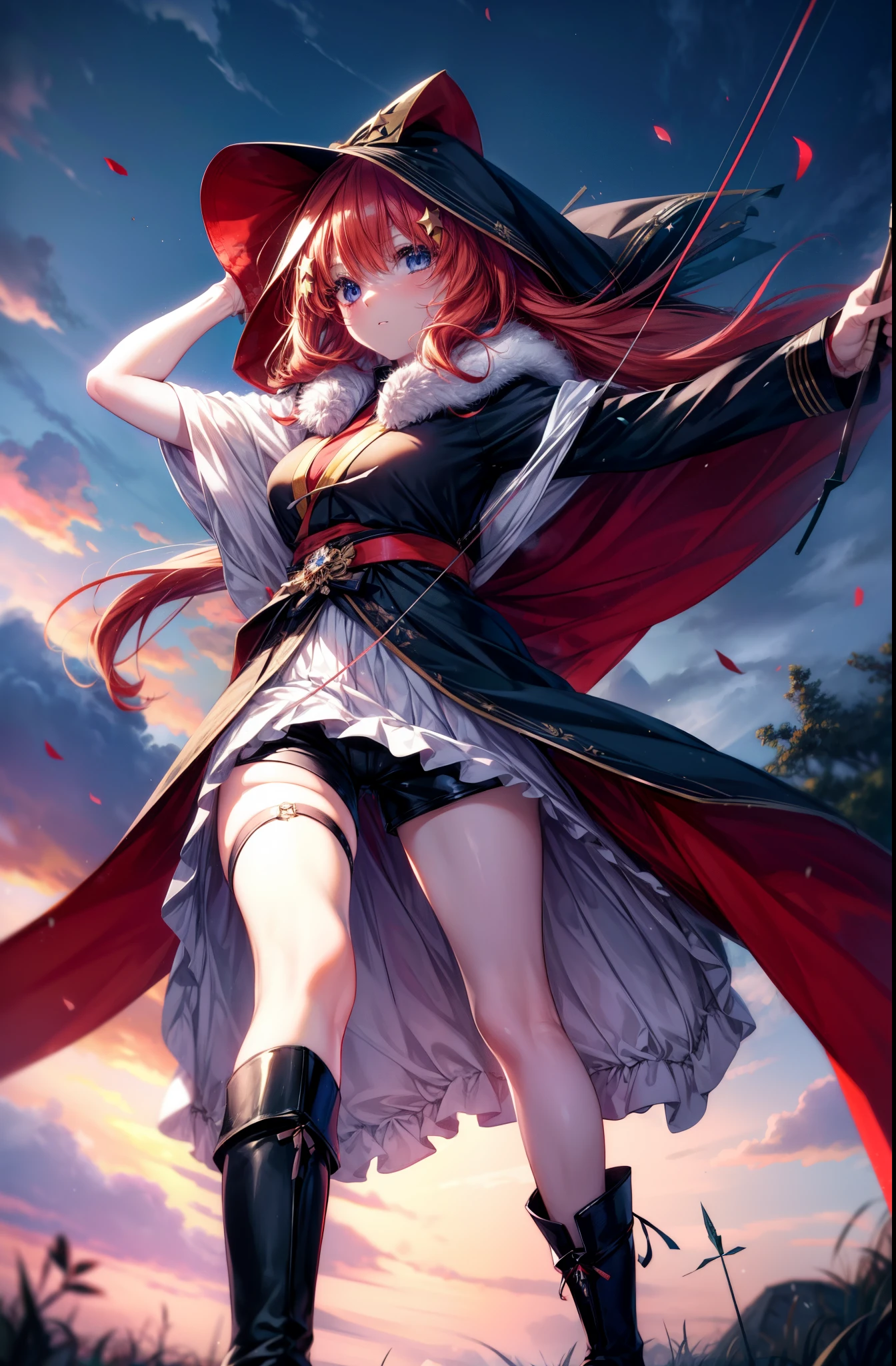 itsukinakano, Itsuki Nakano, bangs, blue eyes, hair between eyes, back hair dumpling hair, redhead, star \(symbol\), hair ornaments, star hair ornaments,hood up,holding a bow and arrow in his hands, anime girl with bow and arrow, Gviz, wield a bow, asymmetrical clothes, boots, cloak,gloves, red Thighhighs, high heels, shorts, Thighhighs,
break outdoors, forest,forest林,
break (masterpiece:1.2), highest quality, High resolution, unity 8k wallpaper, (figure:0.8), (detailed and beautiful eyes:1.6), highly detailed face, perfect lighting, Very detailed CG, (perfect hands, perfect anatomy),