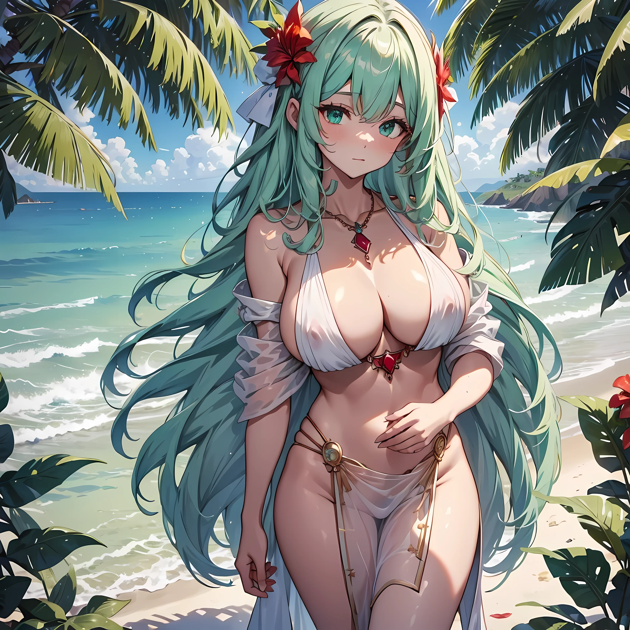 (masterpiece), best quality, expressive eyes, perfect face,(((huge chest))), long hair, fine ruby necklace, beach, seaside, coconut palms, pale green clorhes, coast, feldspar step platform.