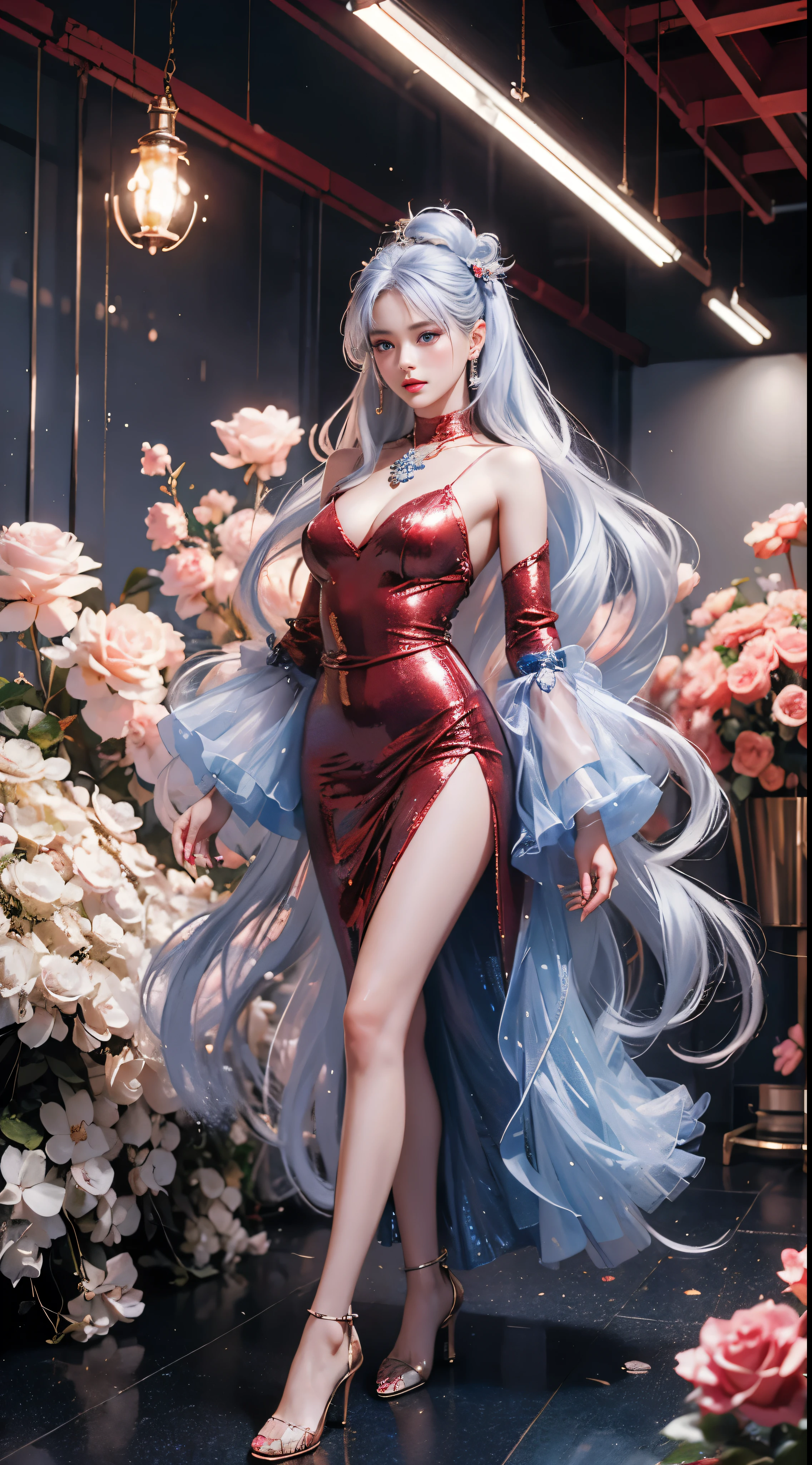 top quality work,Real work,Ultra premium graphics,8K HD CG作品,high quality graphics,High-definition CG works,10x pixels,super fine details:1.1,Advanced technical details:1.1Real as a photo,indoor lighting effects:1.5,Natural light:1.5. light effect(virtual light effect:1.8),超A high resolution,shiny blue dress,長いsilver hair,silver hair,transparent hair,high detail hair(premium hair detail:1.1)clear eyes,beautiful double eyelids,sharp eye makeup, delicate eyelash makeup, thin eyebrows, highly detailed eyes,high nose, nice red lips, rose cheeks, A face with delicate makeup , cute face, perfectly proportioned face,(Advanced facial details:1.1)Collection of shiny blue luxury dresses,blue sequin dress,sequin coat,shiny,tight long skirt,Summer Sexy Hip Wrap Fishtail Sleeveless Commuter Maxi,horse stockings 100%Oil Gloss Pantyhose Gloss Silk Cluster 8D Black Silk Woman,stiletto heels,beautiful long dress,wonderfulドレス,bright red series,haute couture dress collection,dress photography,authentic dress work,At the banquet hall,woman'artwork of,full body figure,goddess of dresses,realism,wonderful,My eyes are shining today