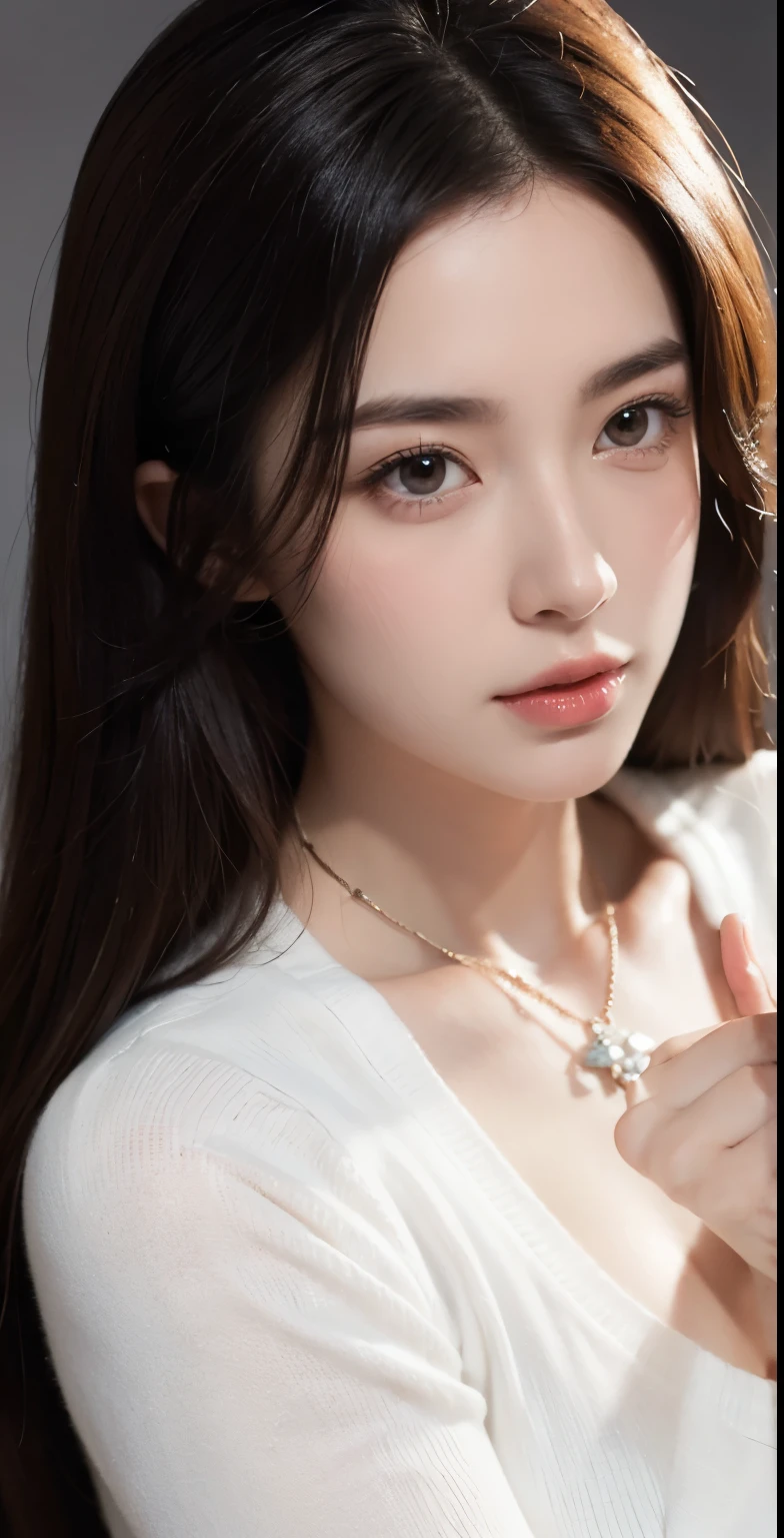 8k, masterpiece, original photo, best quality, lifelike, Extremely detailed CG unified 8k wallpaper, depth of field, movie lighting, lens flare, Ray tracing, (extremely beautiful face, beautiful lips, beautiful eyes), Intricately detailed face, ((Super fine skin), Photos of pretty 1 girl, medium breasts, Upper body,Face focus,extra large_sweater, necklace, simple background, from above, looking at the audience.