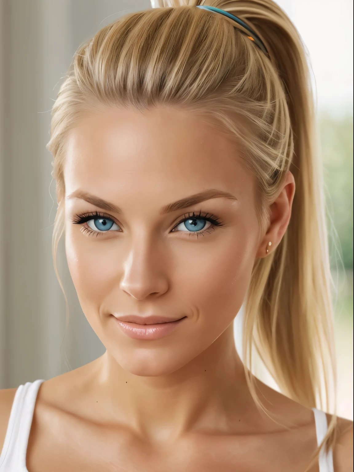 beautiful blond female model with hazel eyes, age 30, with hair pulled back in ponytail, looking directly into camera, hyper-photo realistic
