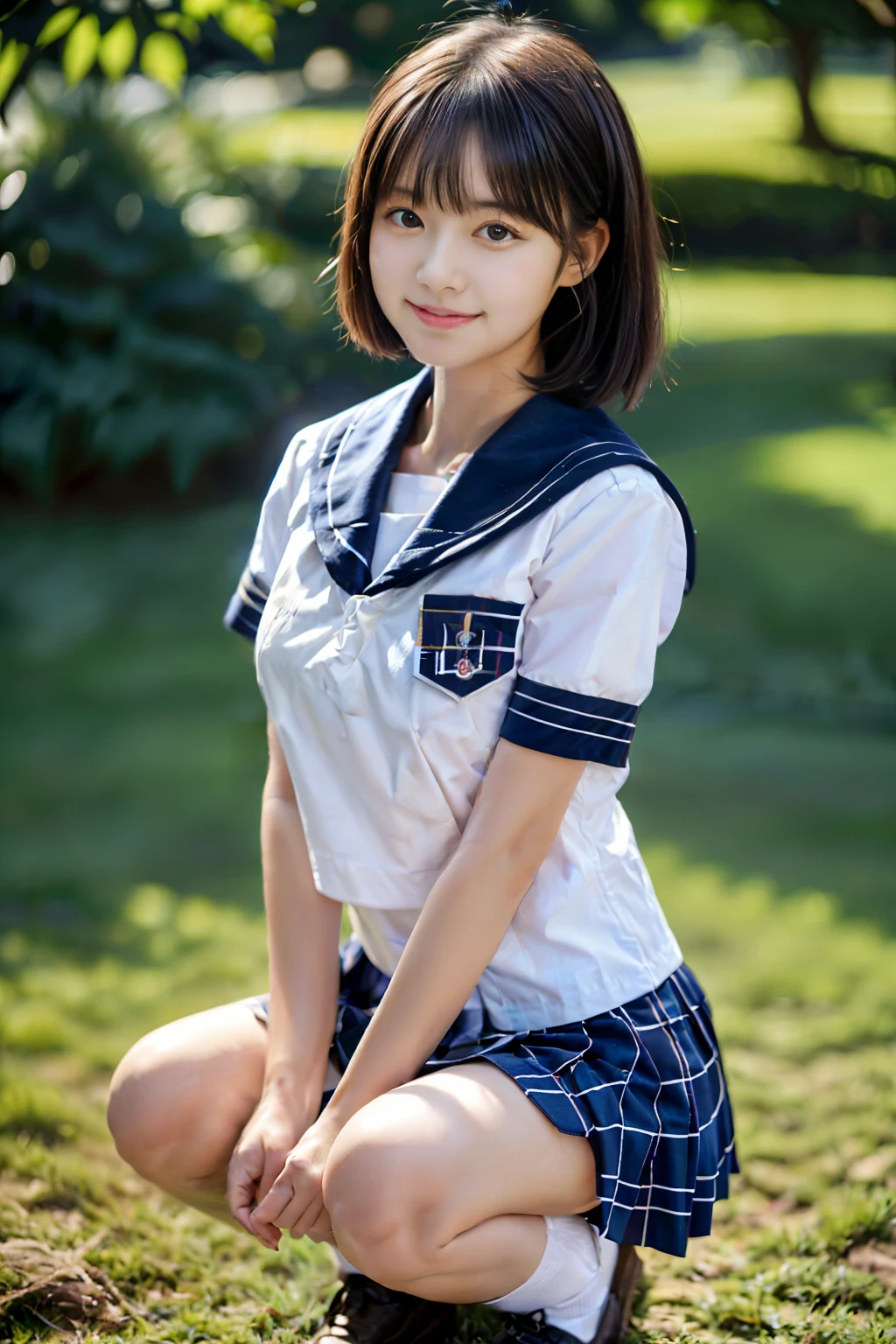 (masterpiece, best quality:1.2), 1 girl,  18 years old, (Idol style super cute face:1.２), (Squat on your side:1.2)  , small breasts, (whole body), (red ribbon on white shirt、school uniform、navy blue plaid skirt:1.2), sexy , beautiful legs, bangs, black hair straight, slightly longer bob hair, smile, masterpiece,  super high quality, realistic, photo  RAW写真, very precise, perfect anatomy, forest park、 