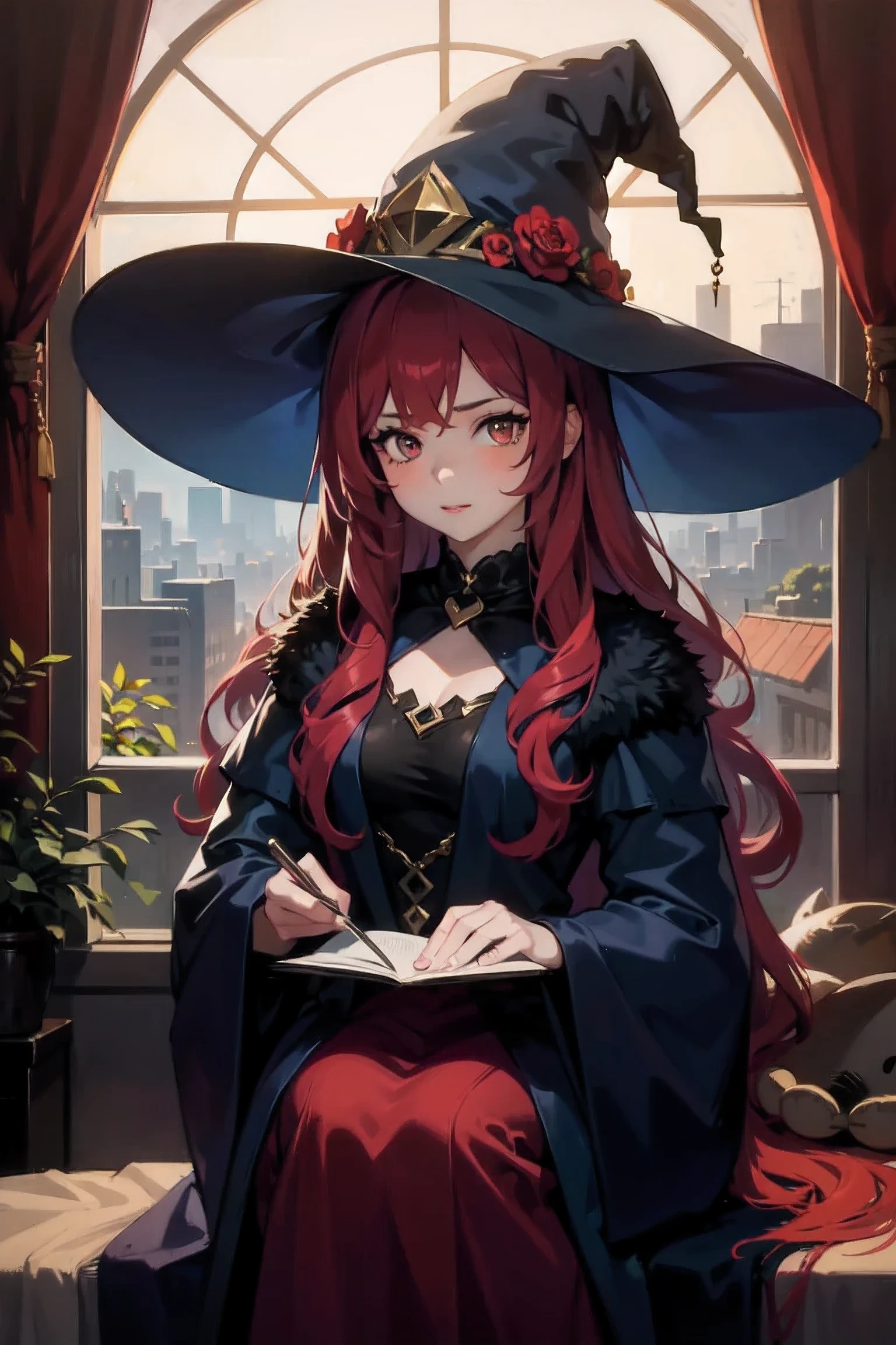 1 beautiful girl with long red hair , witch