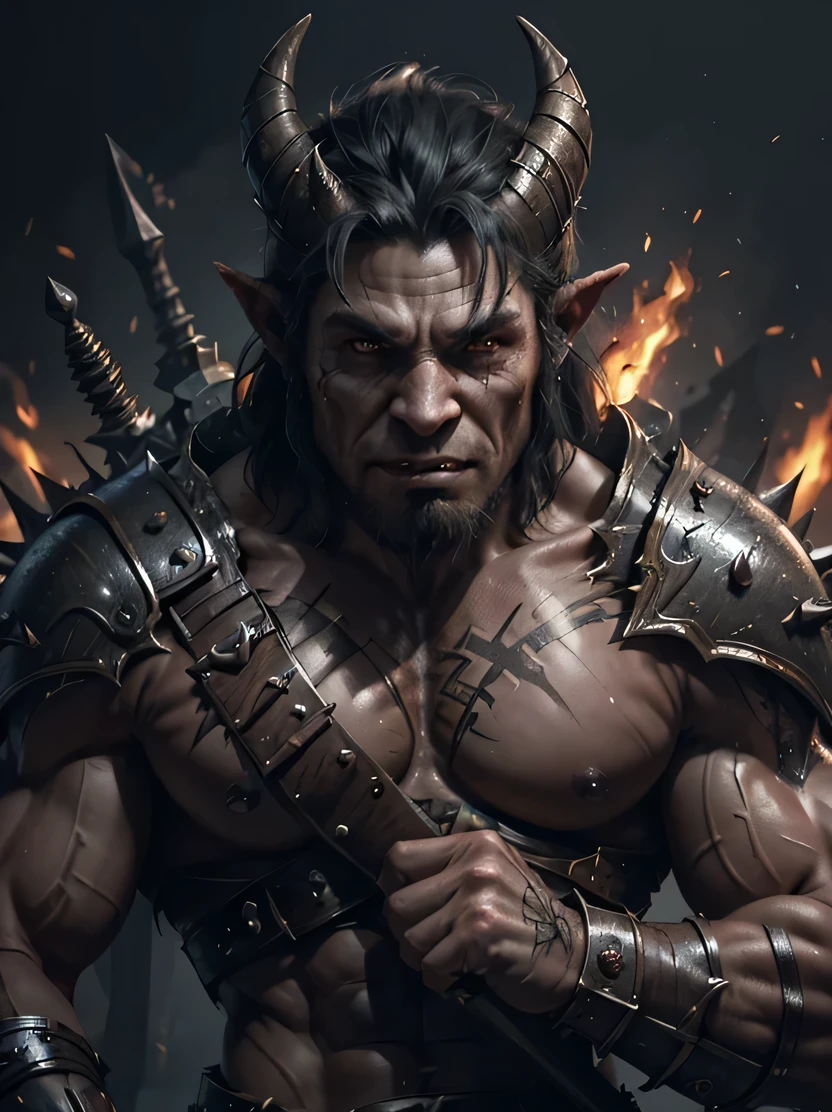 ((masterpiece、highest quality、Super detailed、High resolution、sharp focus、cinematic lighting))、((1 male、bust shot、face light))、((brave orc))、strong physique、rough and lackluster skin、huge muscular body、Mild-mannered look、with an evil smile、bloody face、sharp teeth and fangs、metal armor、warrior metal armor、detail tattoo、helmet with horns and spikes、battle scars and scars、hold a weapon、spark、fire and smoke behind、Charred and destroyed background、eerie atmosphere、intimidating posture、view audience、spiked armor、WLOP、zrpg style