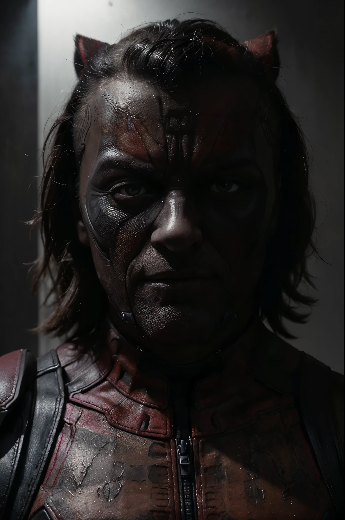 (close-up, editorial photograph of Wolverine and Deadpool), (highly detailed face:1.4) (smile:0.7) (background inside dark, moody, private study:1.3) POV, by lee jeffries, nikon d850, film stock photograph ,4 kodak portra 400 ,camera f1.6 lens ,rich colors ,hyper realistic ,lifelike texture, dramatic lighting , cinestill 800,