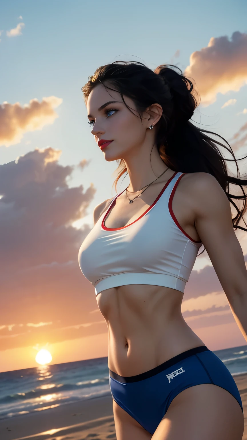 Caucasian woman; ((black hair)), wavy hair, long hair, hair parted in the middle, hair up; blue eyes, ((lined eyes)), ((highlight blue eyes)), bright eyes; ((red lipstick)), makeup; smile, toned body, athletic body, ((((medium breasts)))), nipples, cameltoe; legs; ((((sports top)))); (((sports panties))), earrings, necklace, bracelets; ((sunrise light)), artistic shot, light highlights body; walking, on beach boulevard, front view, shot from below.