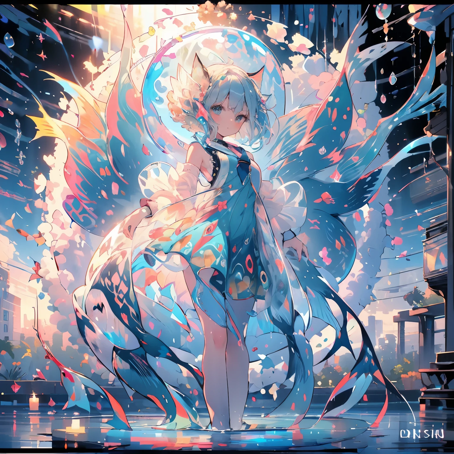 ((ultra - detailed),eautiful woman dancing in water, ((surrounded by a school of fish):1.6), dress spraying colors, paint splashing, wet, water, light on edges, vivid details, elegant, top quality, style-paint magic, fairies, extreme colors, genius use of colors,Undine, beautiful horns,Fluffy swimsuits