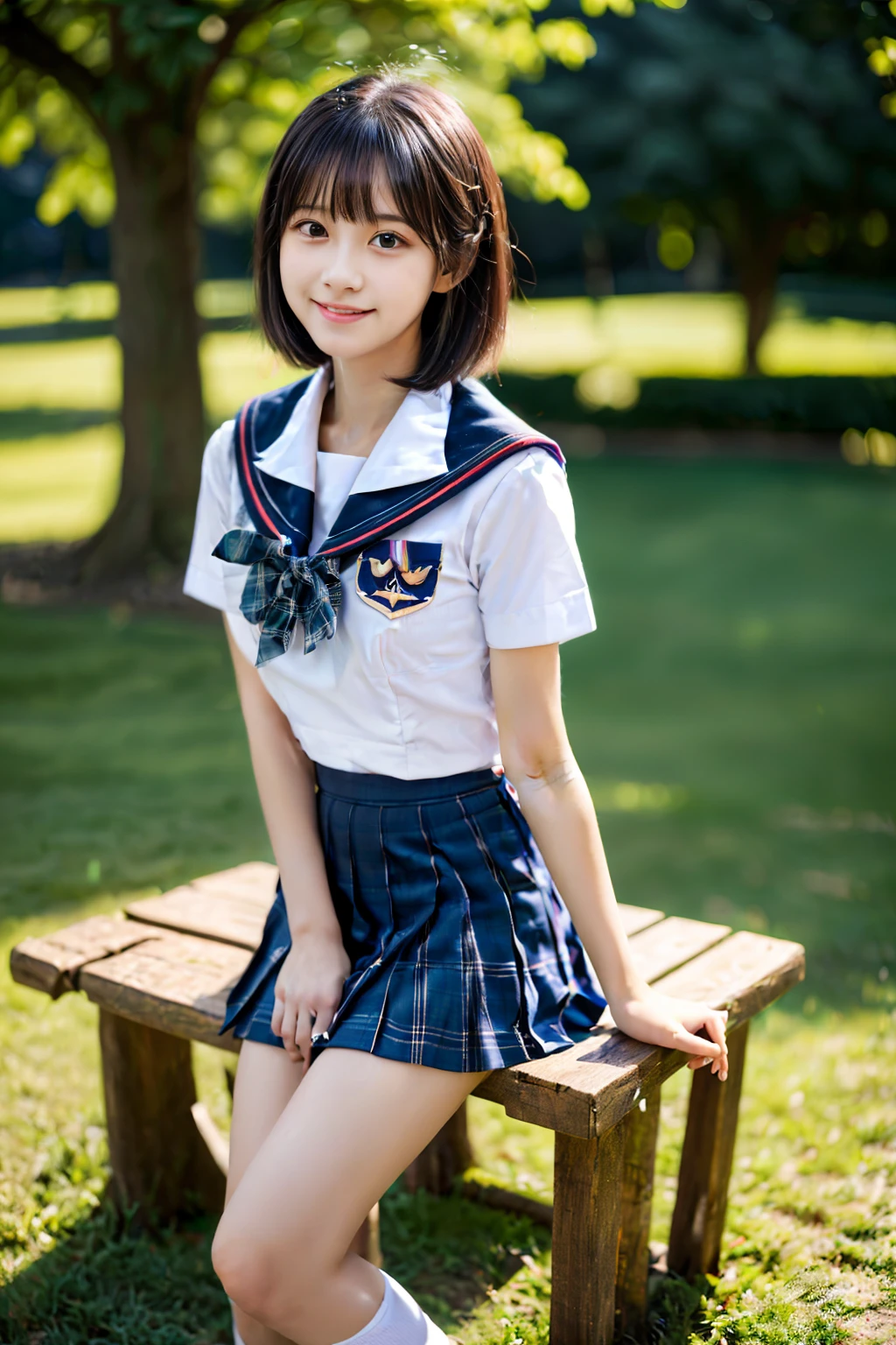 (masterpiece, best quality:1.2), 1 girl,  18 years old, (Idol style super cute face:1.２), (sit on a bench)  , small breasts, (whole body), (red ribbon on white shirt、school uniform、navy blue plaid skirt:1.2), sexy , beautiful legs, bangs, black hair straight, slightly longer bob hair, smile, masterpiece,  super high quality, realistic, photo  RAW写真, very precise, perfect anatomy, forest park、 