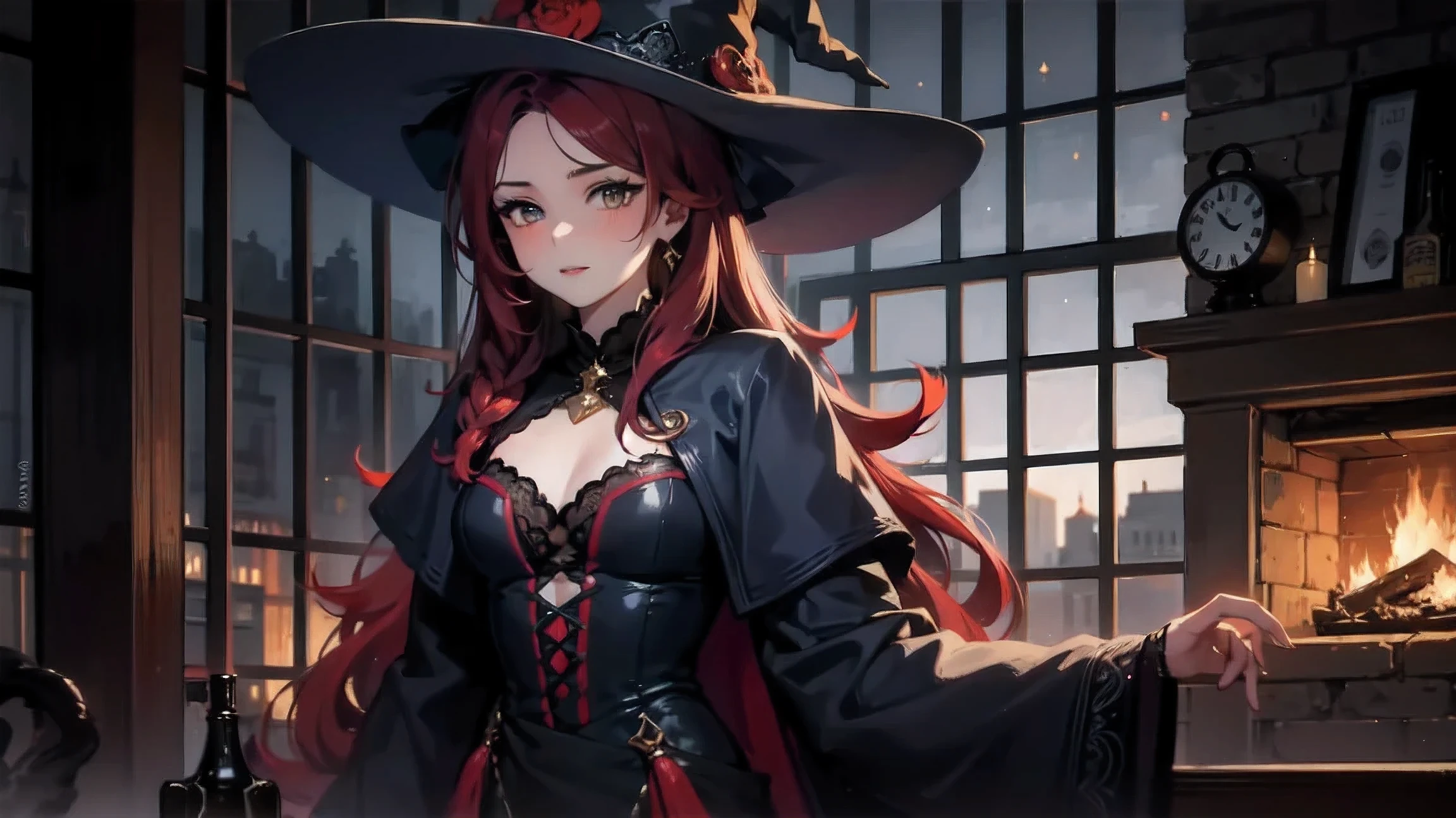 1 beautiful girl with long red hair , witch