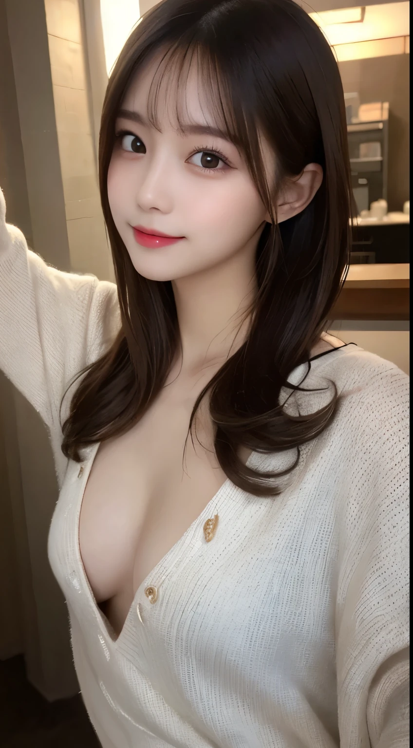 table top, highest quality, shape, Super detailed, finely, High resolution, 8k wallpaper, 完璧なダイナミックな構shape, beautiful and detailed eyes, elegant winter clothes,medium hair,small breasts natural color lip, bold sexy pose,smile、20 year old girl、cute、sexy looking at camera,night,beautiful and detailed face,Elegant face,perfect and beautiful face,slim face and body,spread your arms wide、background blur