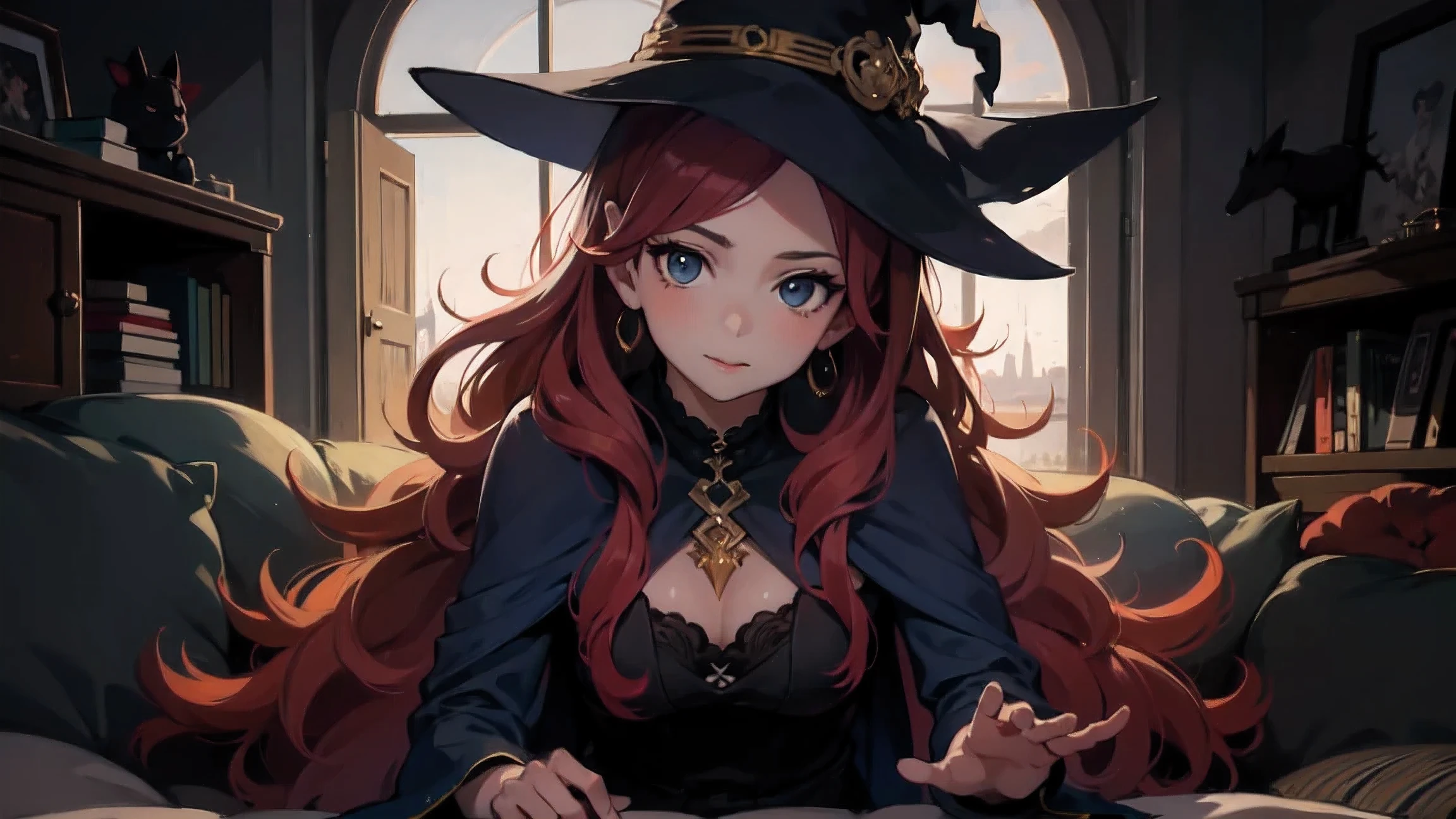 1 beautiful girl with long red hair , witch