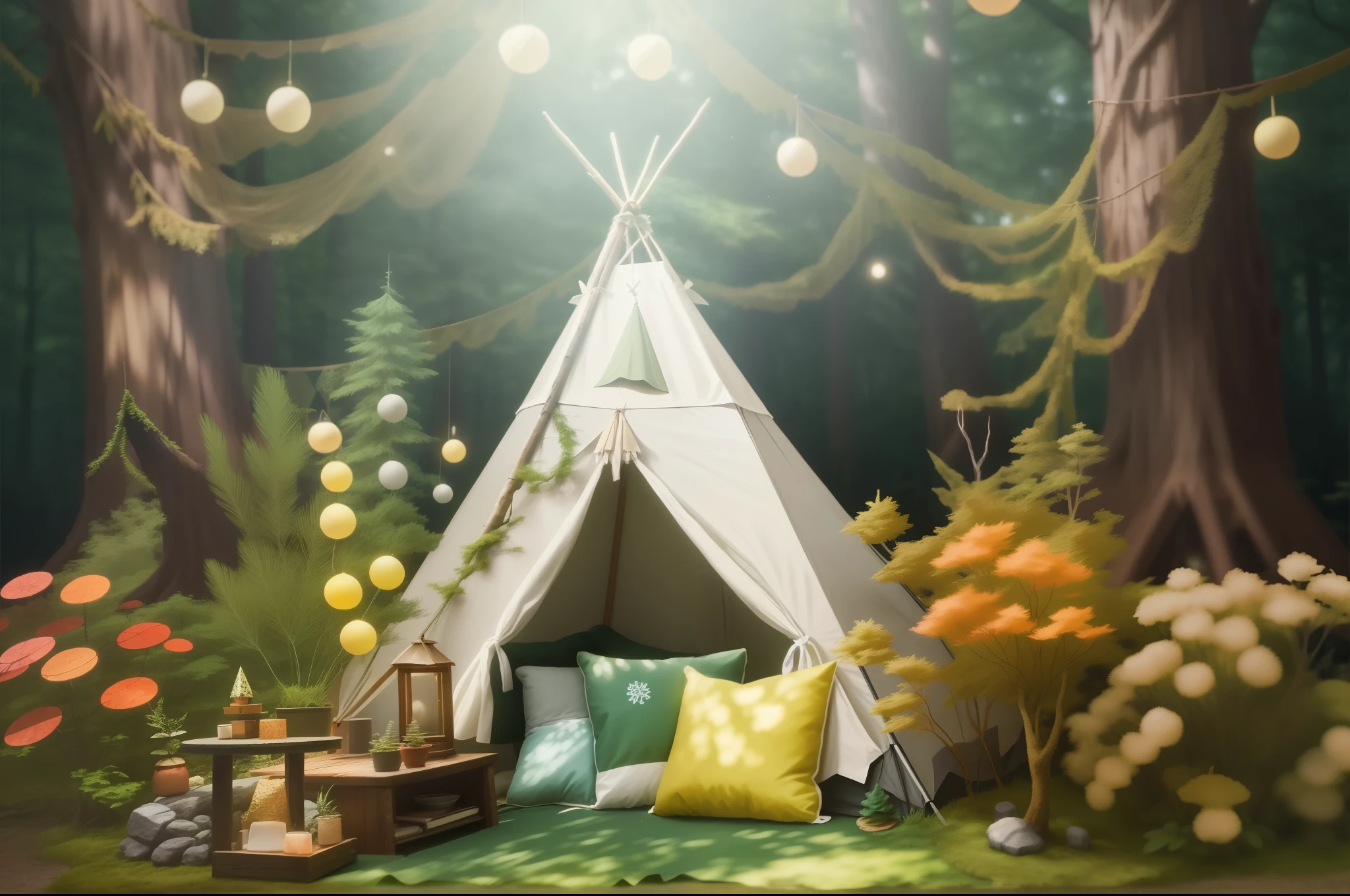 there is a teepee tent with pillows and pillows in the woods, forest background, forest themed, forest theme, Warm and charming scene, 魔法forest background, Shanzhai Core hippie, magical environment, in a colorful tent, In a picturesque forest diorama, woodland background, Ancient indoor tent background, teepee, magical scene, Shanzhai Core!!, woodland setting