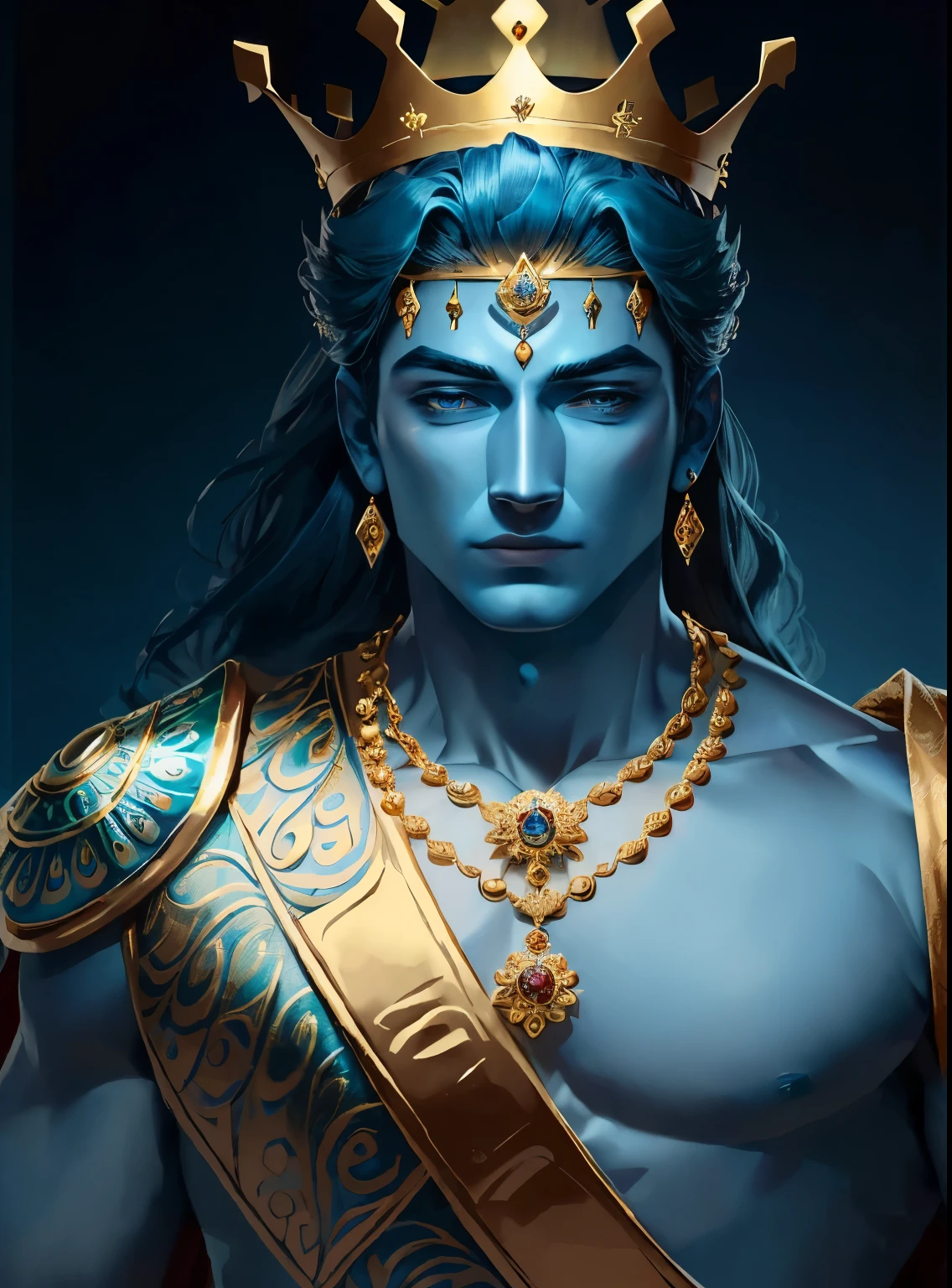 A ((Blue skin)) Traditional king size bed wearing (flower ring), Gold jewelry and traditional jewelry (Doty) And wear (gold crown) On the head, ((Heavy crown)) And a peacock ((feater)) in a crown. standing on a battlefield. Completely realistic, Handsome face, UDH reality, 4K details.