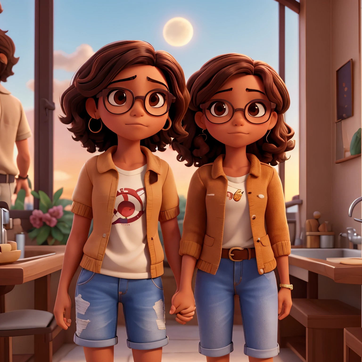 pareja tomada de la mano y besandose, chica con cabello largo y rizado, piel morena y con lentes, chico con cabello corto y rizado, lentes, piel morena, barba y bigote en un atardecer