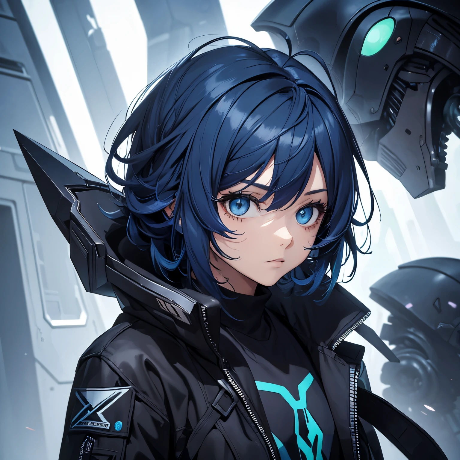 ((alien)) girl, muscle body, coat black shirt clothes, blue hair, right side hair, messy hair, mecha hair left