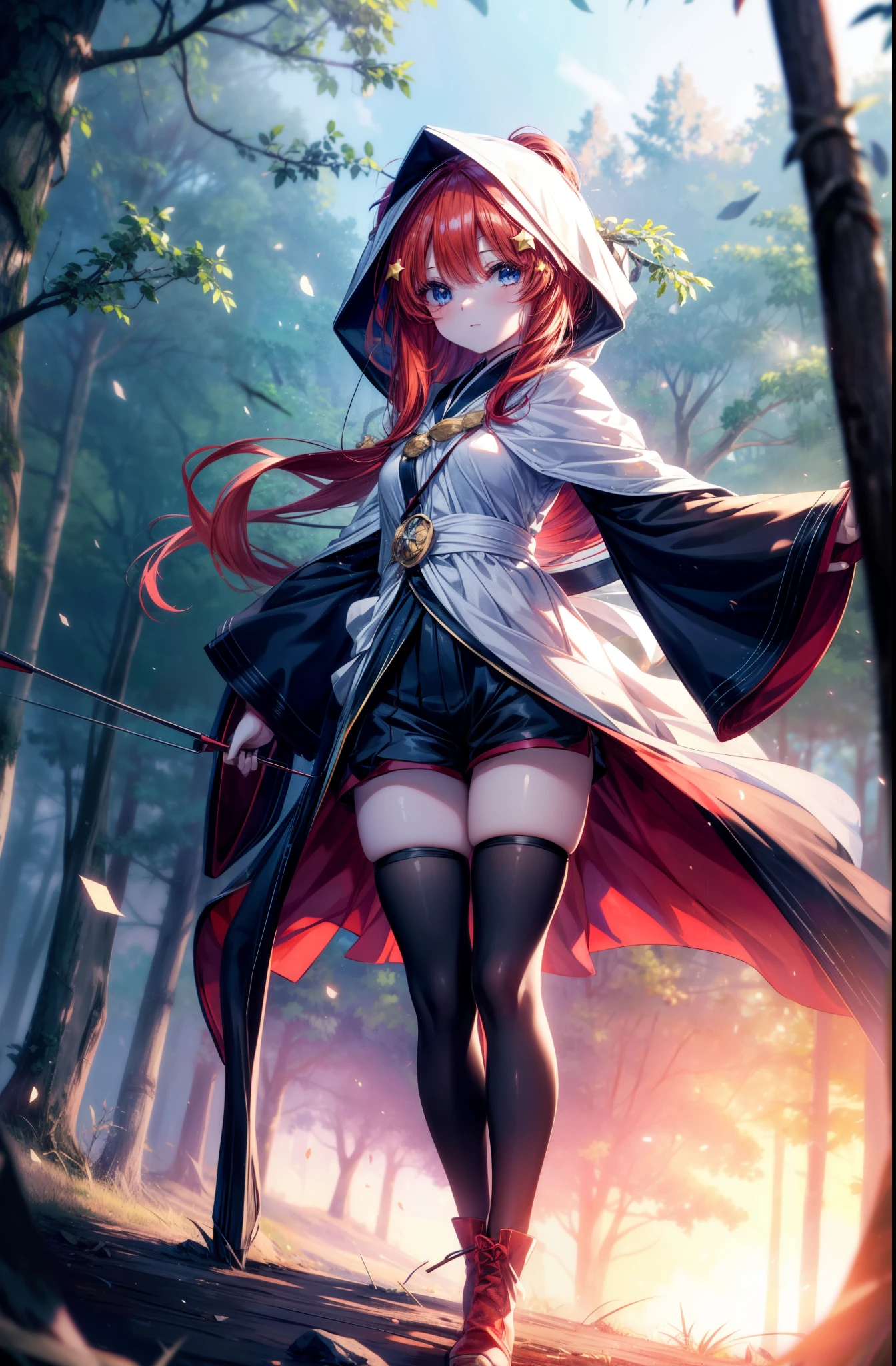 itsukinakano, Itsuki Nakano, bangs, blue eyes, hair between eyes, back hair dumpling hair, redhead, star \(symbol\), hair ornaments, star hair ornaments,hood up, Anime girl holding a bow and arrow, Gviz, wield a bow, asymmetrical clothes, boots, cloak,gloves, red Thighhighs, high heels, shorts, Thighhighs,
break outdoors, forest,forest林,
break (masterpiece:1.2), highest quality, High resolution, unity 8k wallpaper, (figure:0.8), (detailed and beautiful eyes:1.6), highly detailed face, perfect lighting, Very detailed CG, (perfect hands, perfect anatomy),