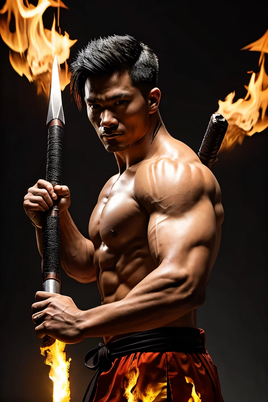 A 28-year-old man with muscular build and short black hair, wearing a traditional ninja outfit, is engaged in a pose with a scorpion-themed weapon called a kisarigama, surrounded by fiery flames. The scorpion tattoo on his arm is prominently visible as he holds the weapon with both hands, ready to strike. His intense gaze focuses on the camera with a determined expression. This image is a high-quality, cinematic masterpiece, taken with a Nikon camera using natural light and captured in 4k, highest definition. The details of his muscular physique, the intricate design of his ninja outfit, and the lifelike rendering of