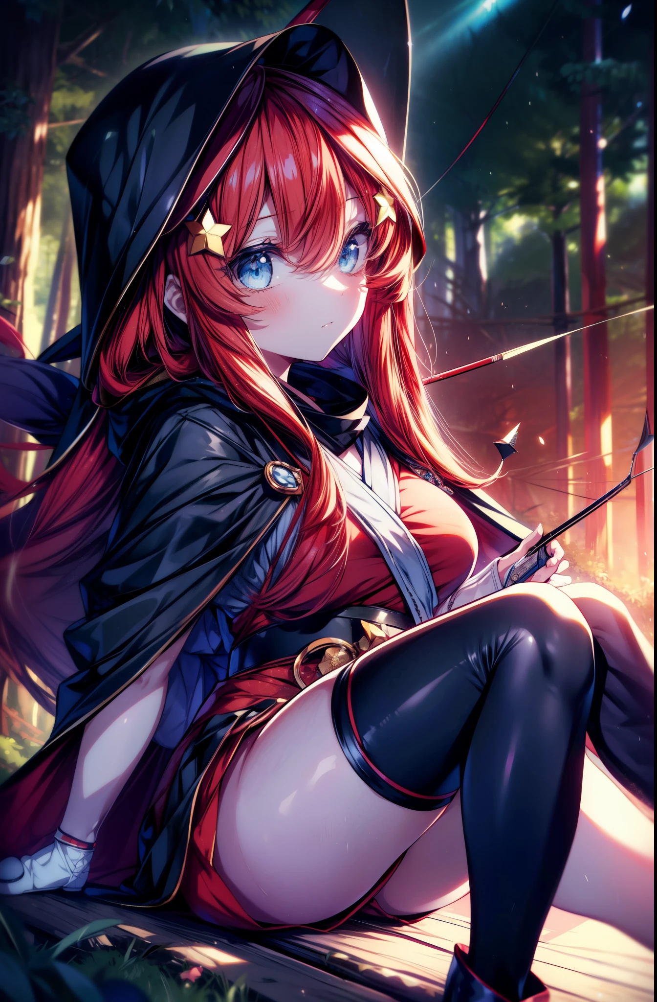 itsukinakano, Itsuki Nakano, bangs, blue eyes, hair between eyes, back hair dumpling hair, redhead, star \(symbol\), hair ornaments, star hair ornaments,hood up, Anime girl holding a bow and arrow, Gviz, wield a bow, asymmetrical clothes, boots, cloak,gloves, red Thighhighs, high heels, shorts, Thighhighs,
break outdoors, forest,forest林,
break (masterpiece:1.2), highest quality, High resolution, unity 8k wallpaper, (figure:0.8), (detailed and beautiful eyes:1.6), highly detailed face, perfect lighting, Very detailed CG, (perfect hands, perfect anatomy),