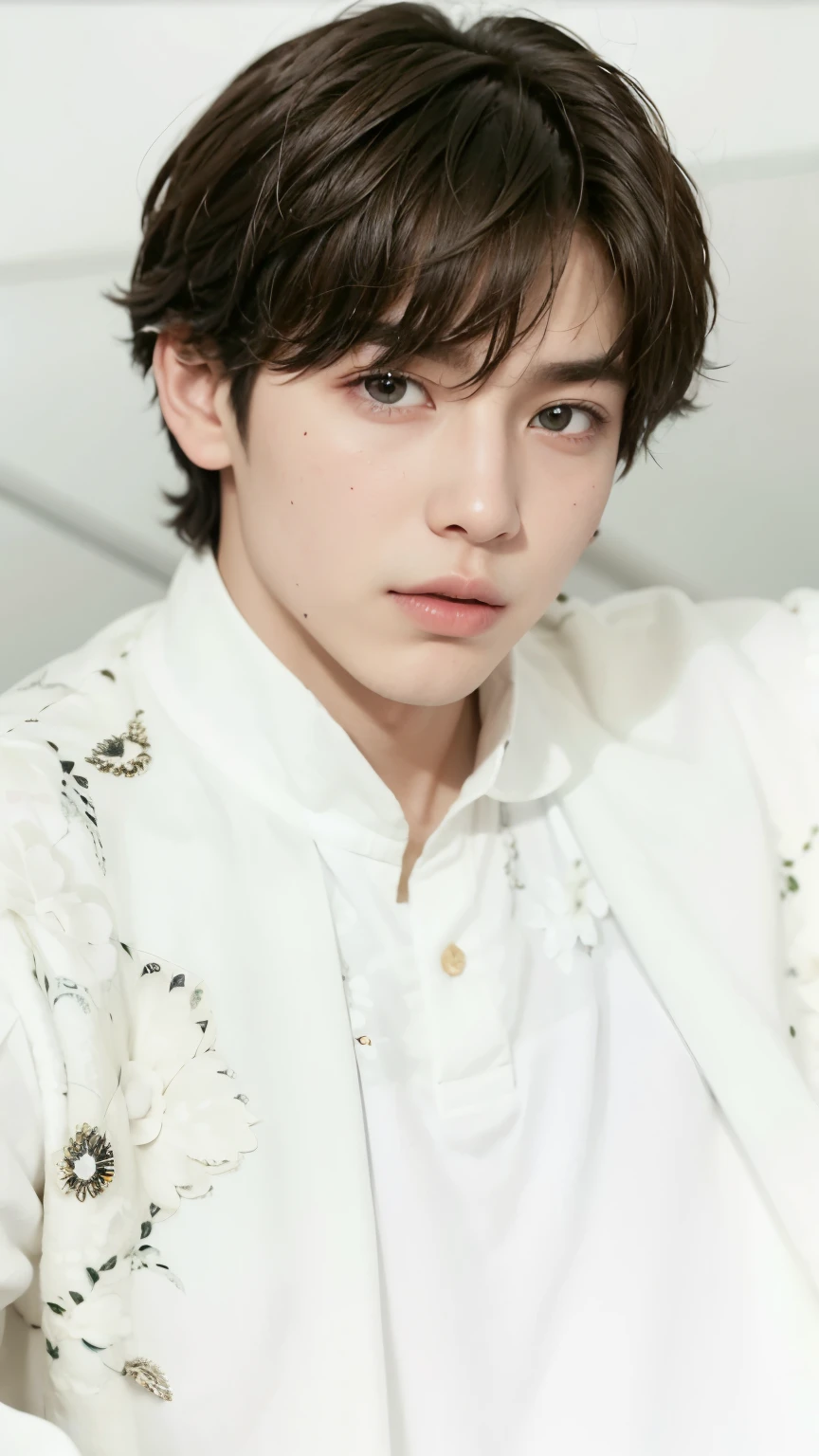 Close-up of a person wearing a white shirt and a white shirt., His eyes looked intelligent., handsome prince, beautiful little prince, Hyungtae, Official Photos, Jungkook, Taejoon Kim, Handsome face and beautiful face, little angel, Very charming and beautiful, beautiful androgynous prince, Looks mischievous, Inspired by Bian Shoumin, Handsome face