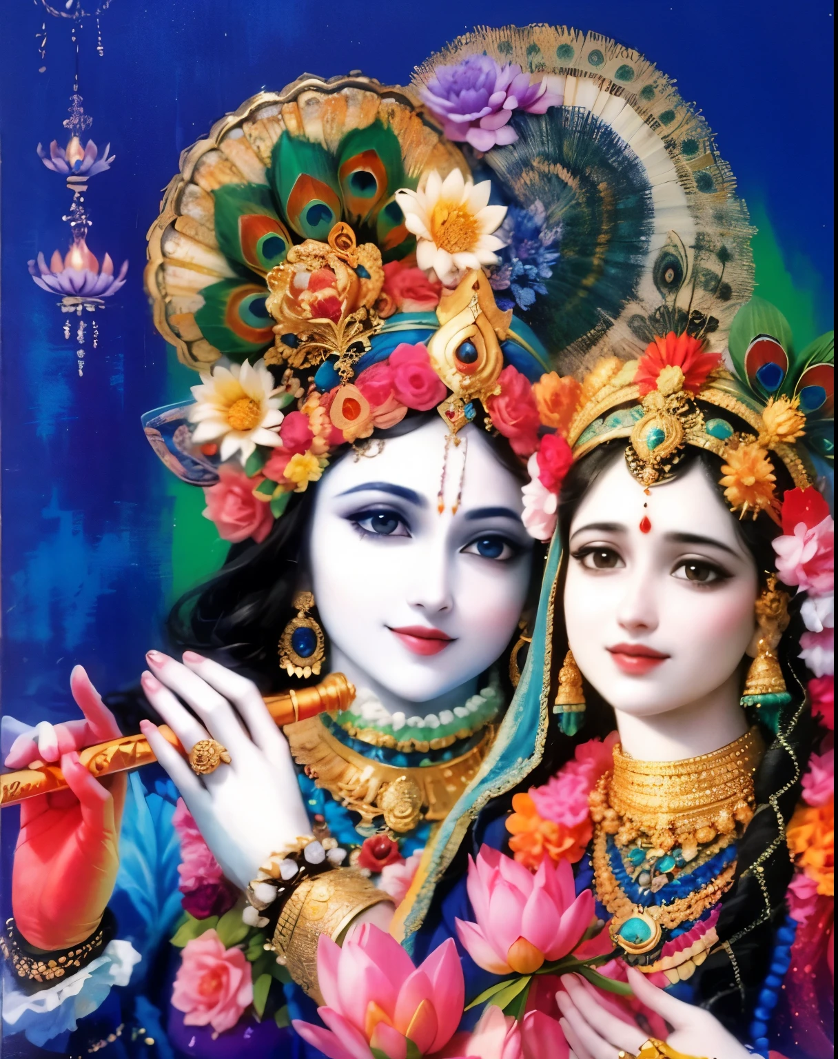 RadhaKrishna, vivid colors, blue background, golden flute, lotus, peacock feather, divine smiles