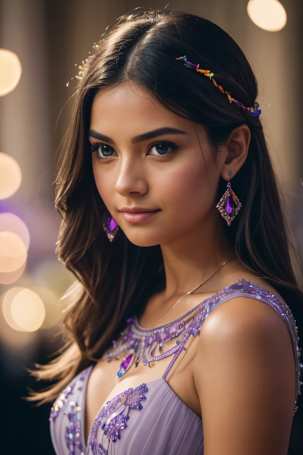 A professional, raw photo taken with a DSLR camera, specifically a Fujifilm XT3, in 8k uhd resolution. The image captures a close up, low angle shot of a beautiful girl wearing a faceted, transparent lavender color dress adorned with crystals. Her face is in focus, looking out of the frame, as the dress fabrics catch the soft lighting, creating intricate bokeh effects. The photo exhibits a cinematic feel with a film grain texture and a high level of detail, bringing out the colorfulness and vibrancy of the crystals. The shooting settings were an 18mm f/11 photograph, making for a highly detailed and professional