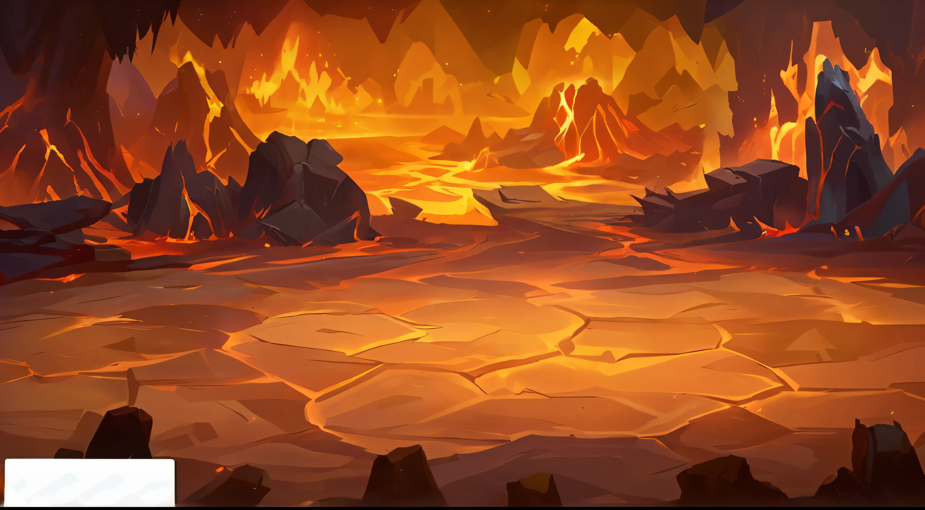 There is a cartoon scene, Volcano workshop background, cave background, hot environment, hell background, background art, stadium background,Hearthstone，stadium background, 2D game art background, background artwork, dungeon background, mobile Game background, volcano background, dark background, 燃烧的battlefield背景, Game background, 2d Game background，HD，magic game，dark style，Q version scene，dusk，battlefield，Battle game