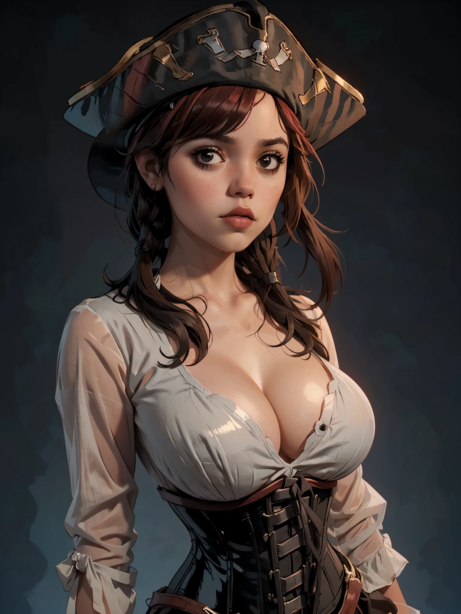 one girl, solo, (bust, upper body, front view:1.2), black eyes, jenna ortega, captain jack sparrow, pirate, pirate hat, pirate outfit, corset, (big breasts, giant breasts, cleavage:1.2), (masterpiece, highly detailed, look at viewer, shiny blured grey background, gradient sprayed background, blured background:1.2)