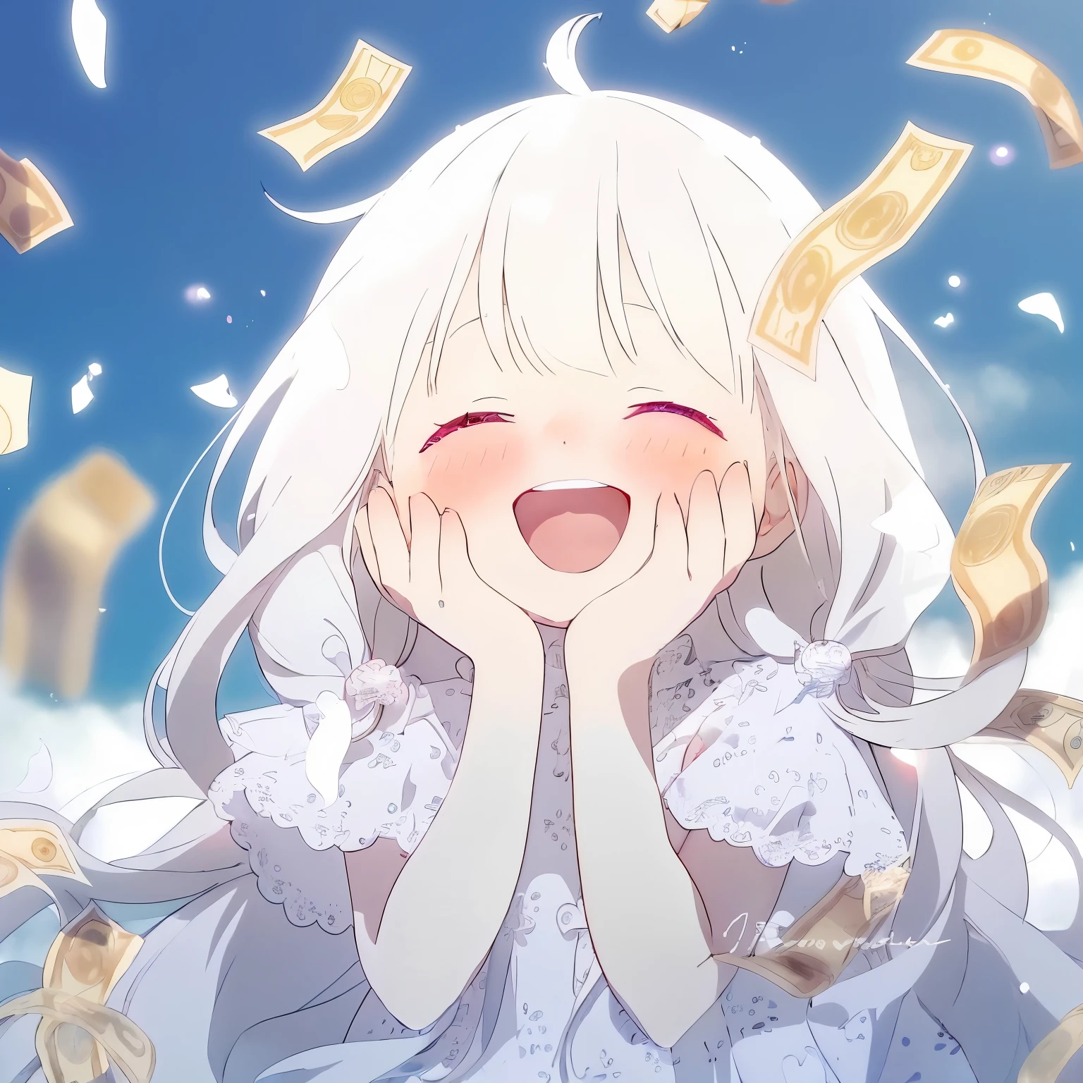 Anime girl with white hair and blue eyes smiling in front of money, splash ink art anime loli, Anime visuals of a cute girl, White-haired God, change, White hair floating in the air, white hair girl, exciting illustrations, pixiv contest winners, guweiz on pixiv artstation, Small curves , Smile like a fairy king