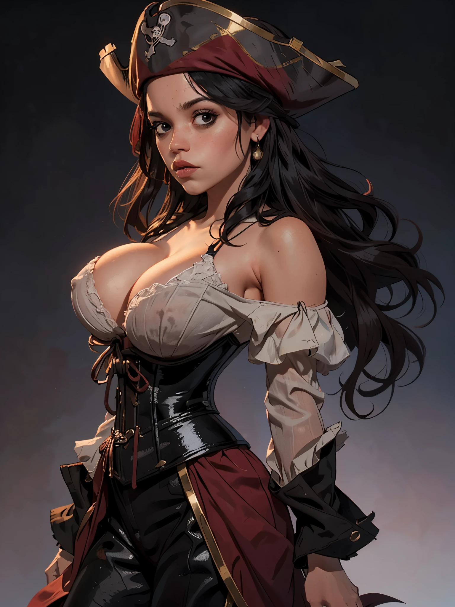 one girl, solo, (bust, upper body, front view:1.2), black eyes, jenna ortega, captain jack sparrow, pirate, pirate hat, pirate outfit, corset, (big breasts, giant breasts, cleavage:1.2), (masterpiece, highly detailed, look at viewer, shiny blured grey background, gradient sprayed background, blured background:1.2)