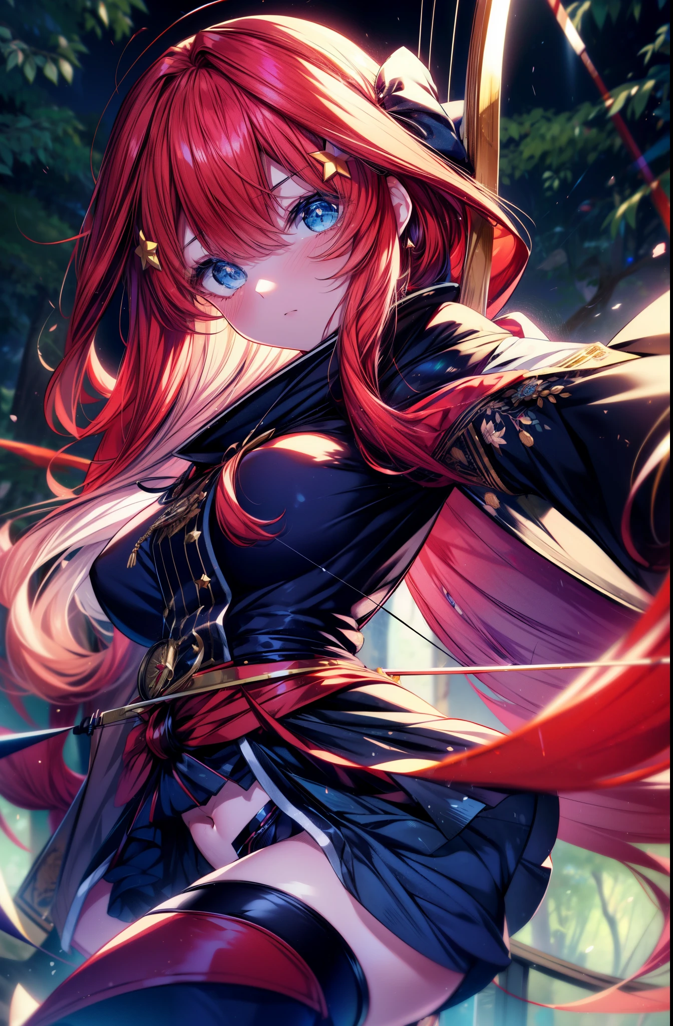 itsukinakano, Itsuki Nakano, bangs, blue eyes, hair between eyes, back hair dumpling hair, redhead, star \(symbol\), hair ornaments, star hair ornaments,hood up, Anime girl holding a bow and arrow, Gviz, wield a bow, asymmetrical clothes, boots, cloak,gloves, red Thighhighs, high heels, shorts, Thighhighs,
break outdoors, forest,forest林,
break (masterpiece:1.2), highest quality, High resolution, unity 8k wallpaper, (figure:0.8), (detailed and beautiful eyes:1.6), highly detailed face, perfect lighting, Very detailed CG, (perfect hands, perfect anatomy),
