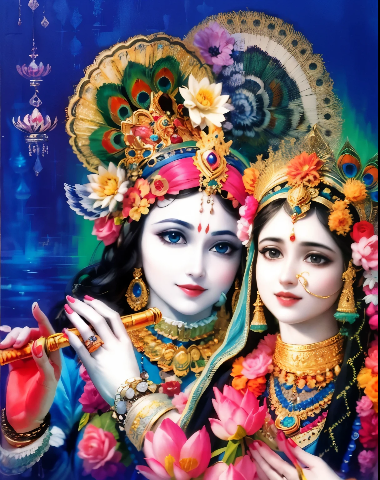 RadhaKrishna, vivid colors, blue background, golden flute, lotus, peacock feather, divine smiles