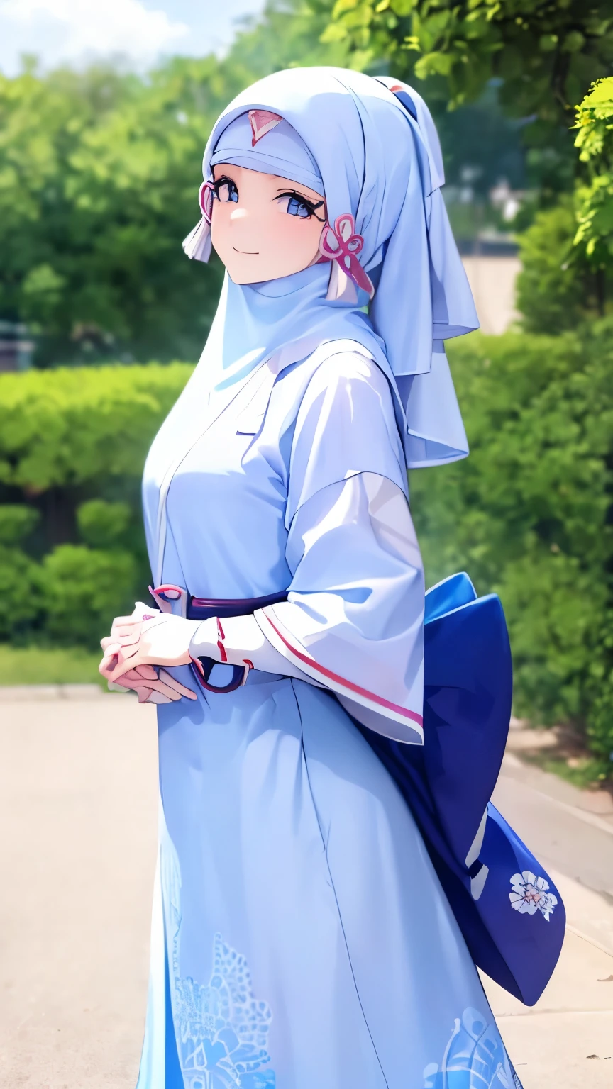 kamisatoayakadef, High school girl wearing a white instant hijab. Dressed in a modern pastel colored kebaya with floral patterns. Standing in front of a mosque with a smiling expression and hands folded in front of her chest. Background of an evening scene with an orange sky and white clouds. Anime style: Slice of life.