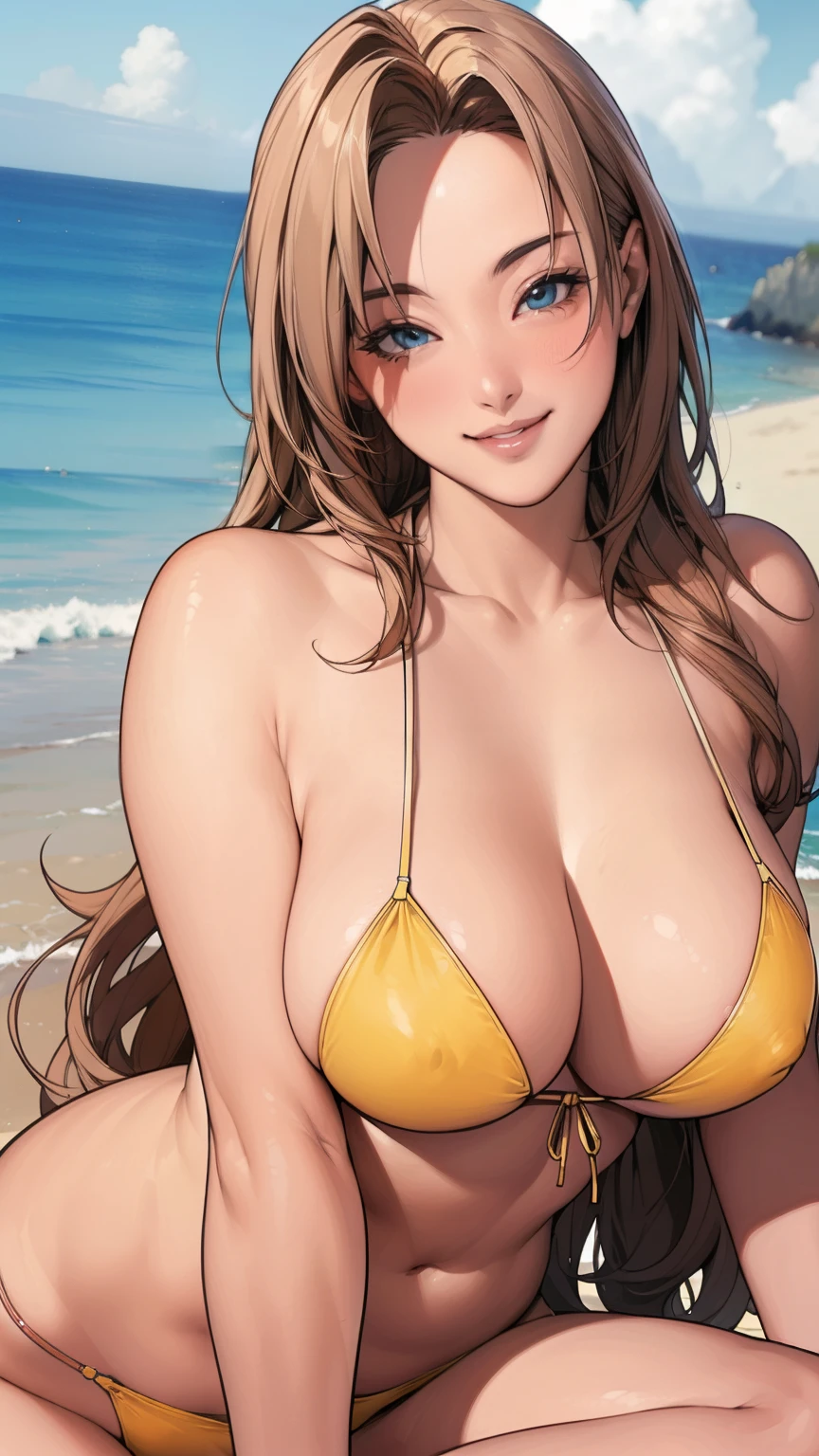 (highest quality:1.3),4K resolution,tsunade,detailed and beautiful eyes,dense and beautiful lips,highly detailed eyes and face,long hair,Tong Bikini,smile,curved body,big breasts,beach,throwback,summer atmosphere,sexy