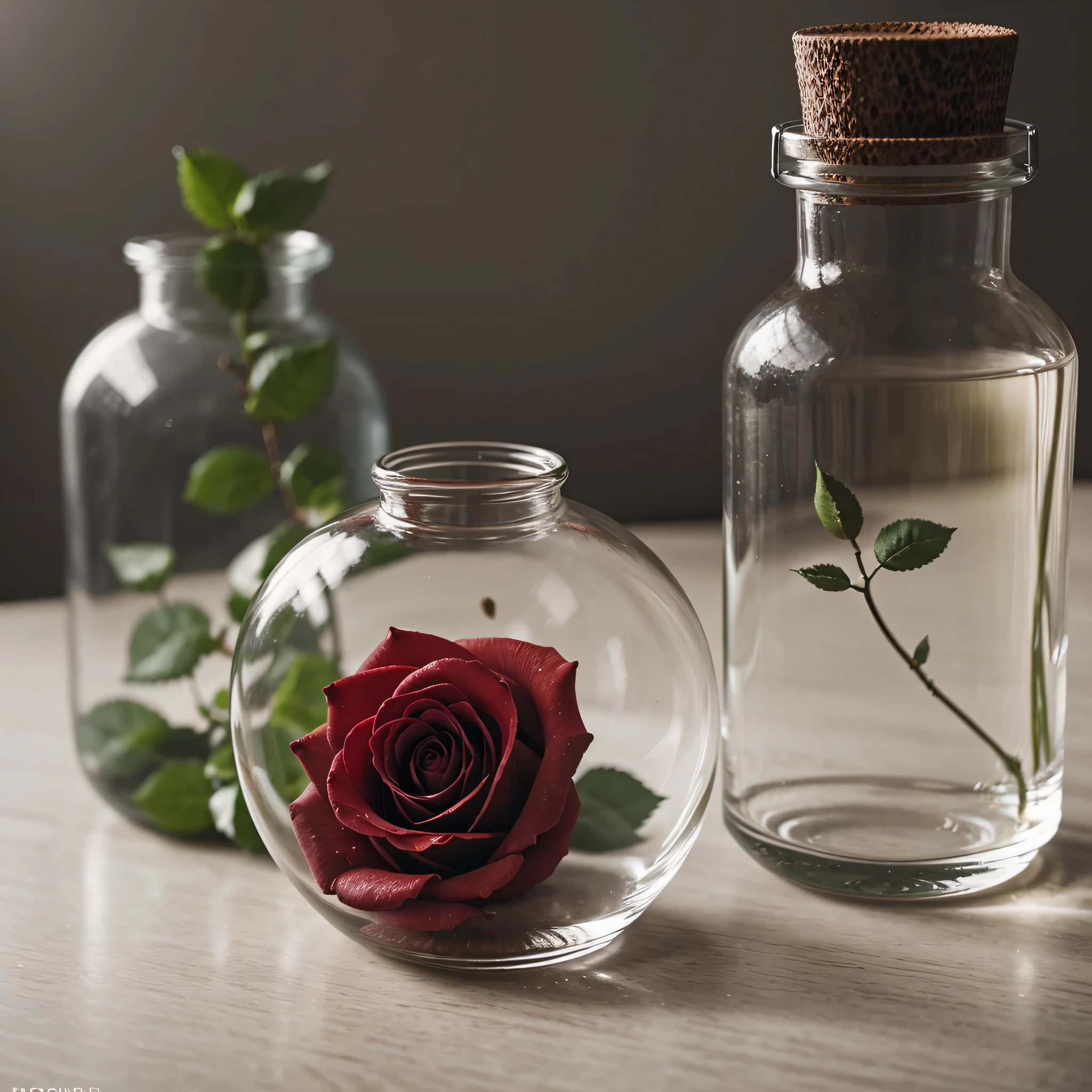 A beautiful rose flower kept in glass bottle, cinematic, photography, photorealistic, photorealism