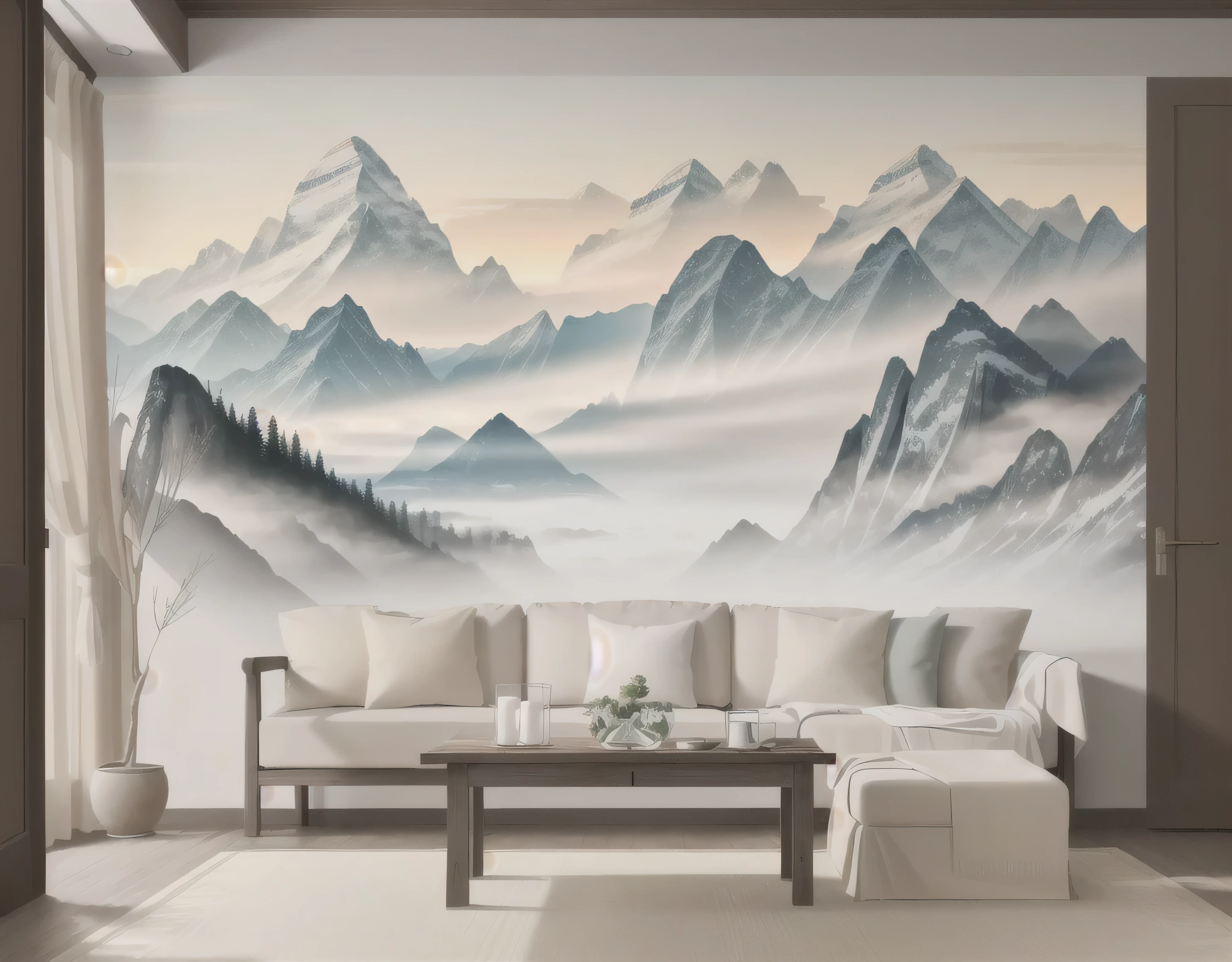 a view of a living room with a mountain scene on the wall, detailed scenery —width 672, living room wall background, living room background, mountainous background, chinese painting style, 8k high quality detailed art, wall mural, 8k --height 768, octa 8k, 8k, 8 k, 4k/8