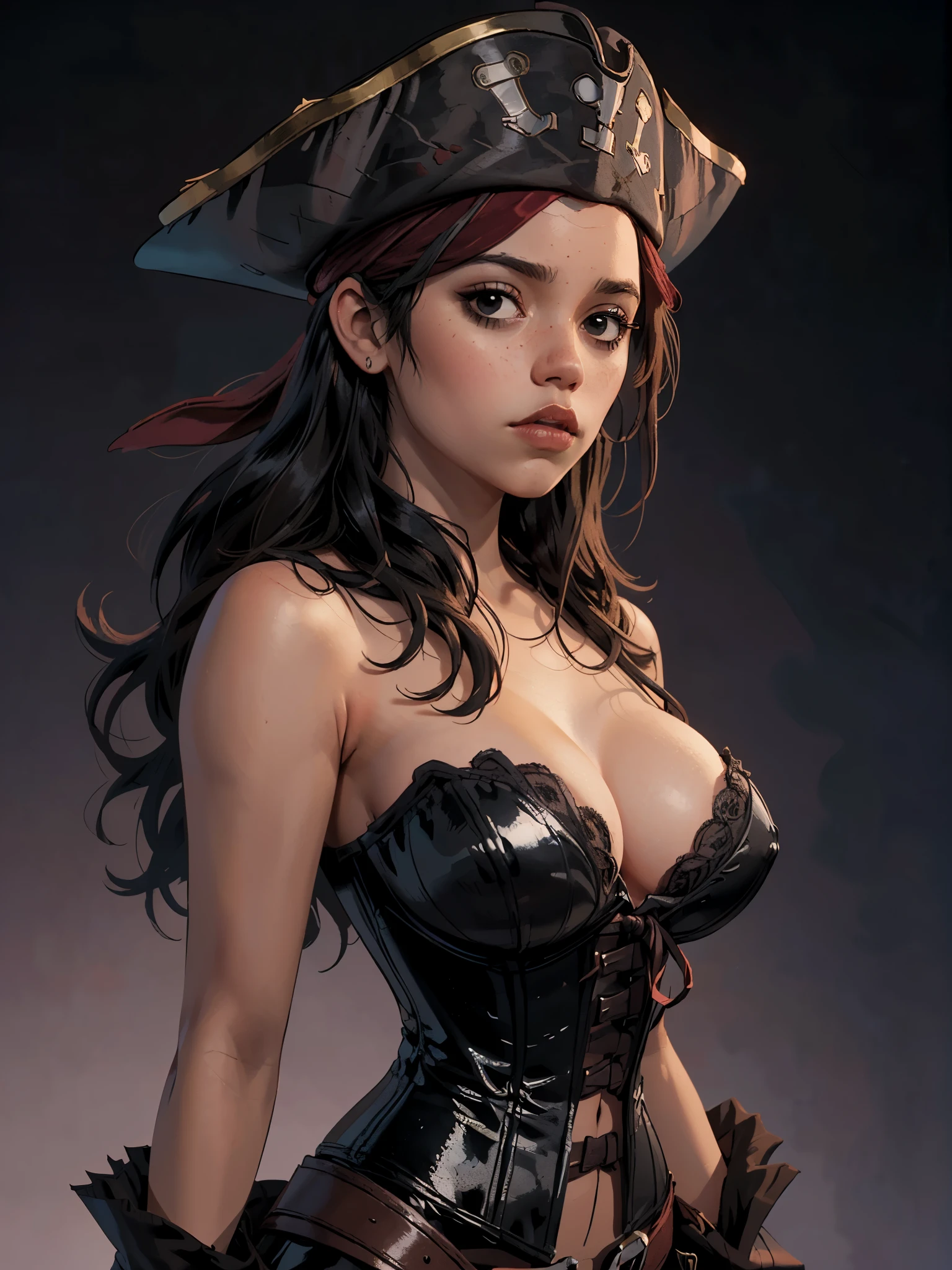 one girl, solo, (bust, upper body, front view:1.2), black eyes, jenna ortega, captain jack sparrow, pirate, pirate hat, pirate outfit, corset, (big breasts, giant breasts, cleavage:1.2), (masterpiece, highly detailed, look at viewer, shiny blured grey background, gradient sprayed background, blured background:1.2)