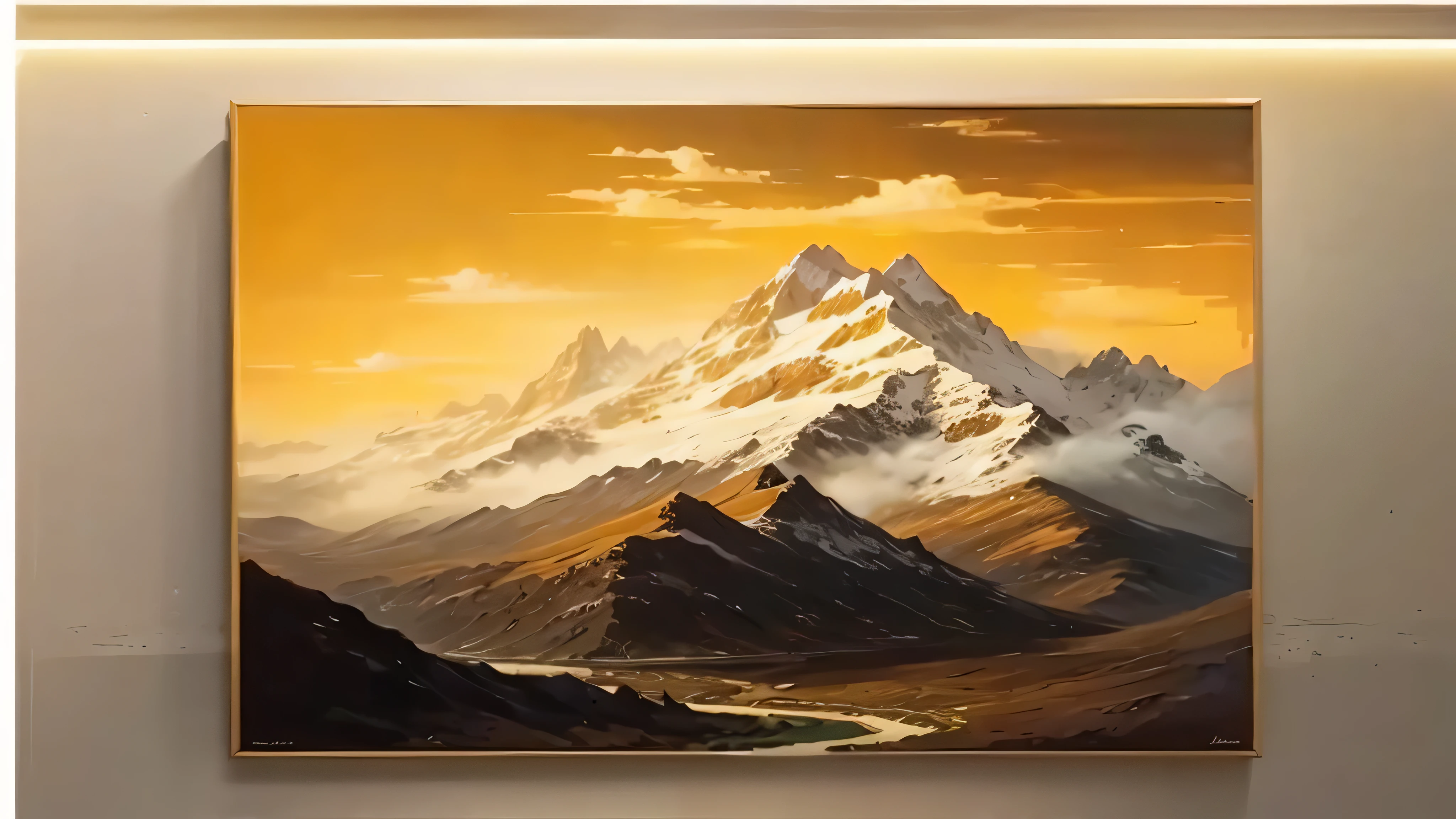a painting of a mountain with a river in the foreground, majestic painting, high quality digital painting, golden mountain in the desert, art painting, mountainscape, fine art painting, high quality painting, mountains, mountain scene, scenery artwork, canvas painting, smooth oil painting, clean elegant painting, high quality oil painting, moutain, extremely high quality artwork