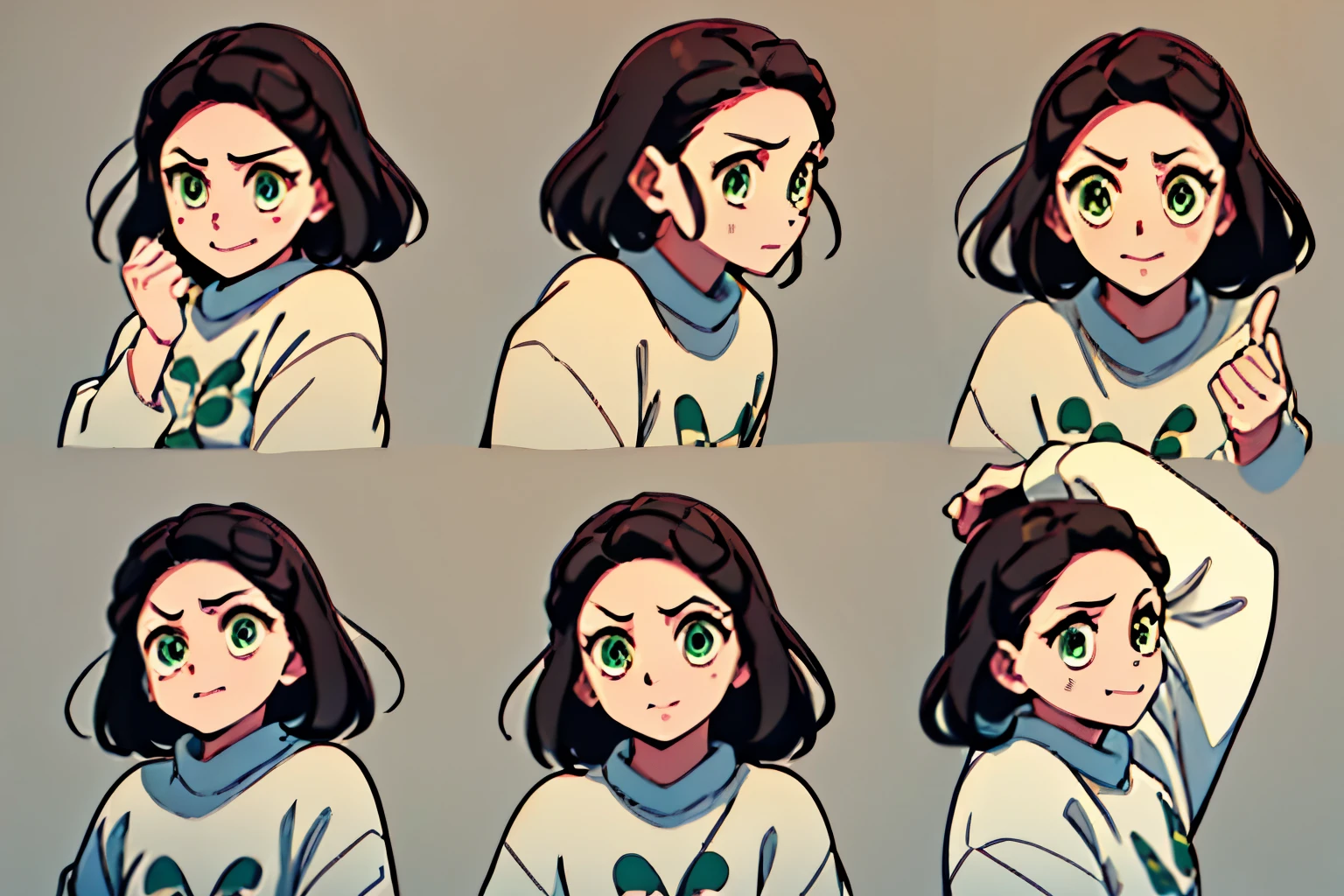 (Mejor calidad, Obra maestra:1.2), ultra detallado, (realista, photo-realista:1.37), (Best quality:1.3), (a woman:1.1), (green eyes:1.5), (brown long straight hair:1.5), chica, paquete de emojis, 9 emojis, varias poses y expresiones (sad, asombrado, happiness, entusiasmado, laugh), personification style, diferentes emociones, varias poses y expresiones, pelo largo y cafe, animado, A high resolution, Ropa de colores claros, having fun, bonita, cabello largo, Photorealista, multiple views, animado, multiple views, mover tabla, 4k, 8K, 8K, Super detail, Super detail, estilo kimetsu no yaiba