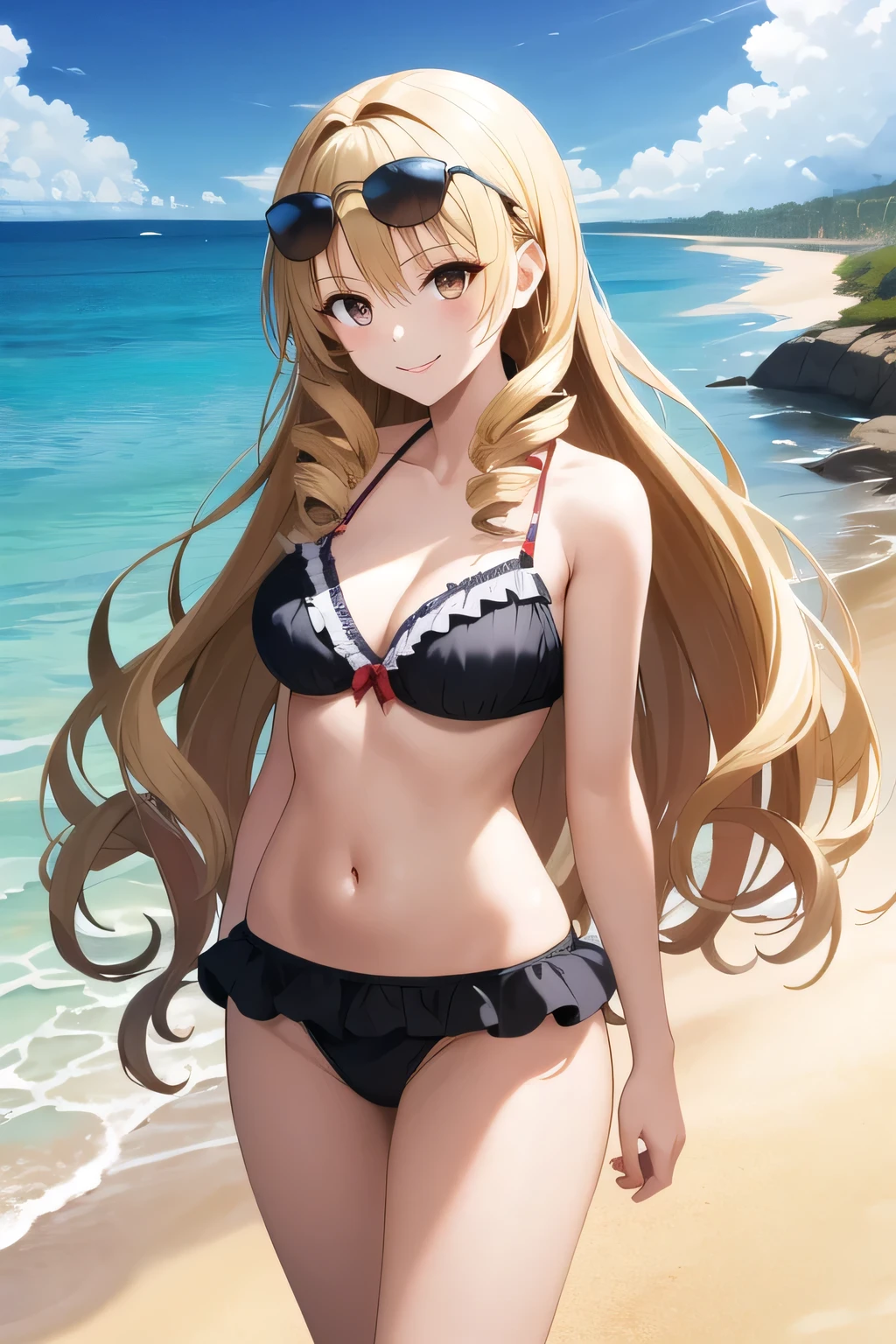 masterpiece, highest quality, High resolution, 1 girl, alone, long hair, blonde hair, double good, drill hair, brown eyes, bikini, frills, beach, smile, sunglasses, Are standing,