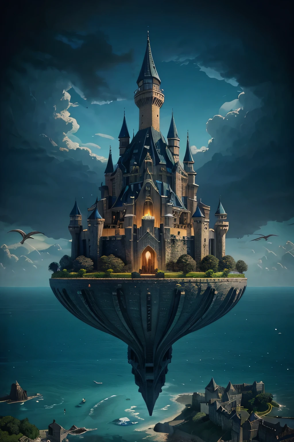 uma cidade muito grande, with deep water, de reinos esquecidos, with dragons flying in the sky, mar, blue mar, castelo, vista de cima, dungeons and dragons art, vista de toda a cidade, vista de cima, qualidade muito alta