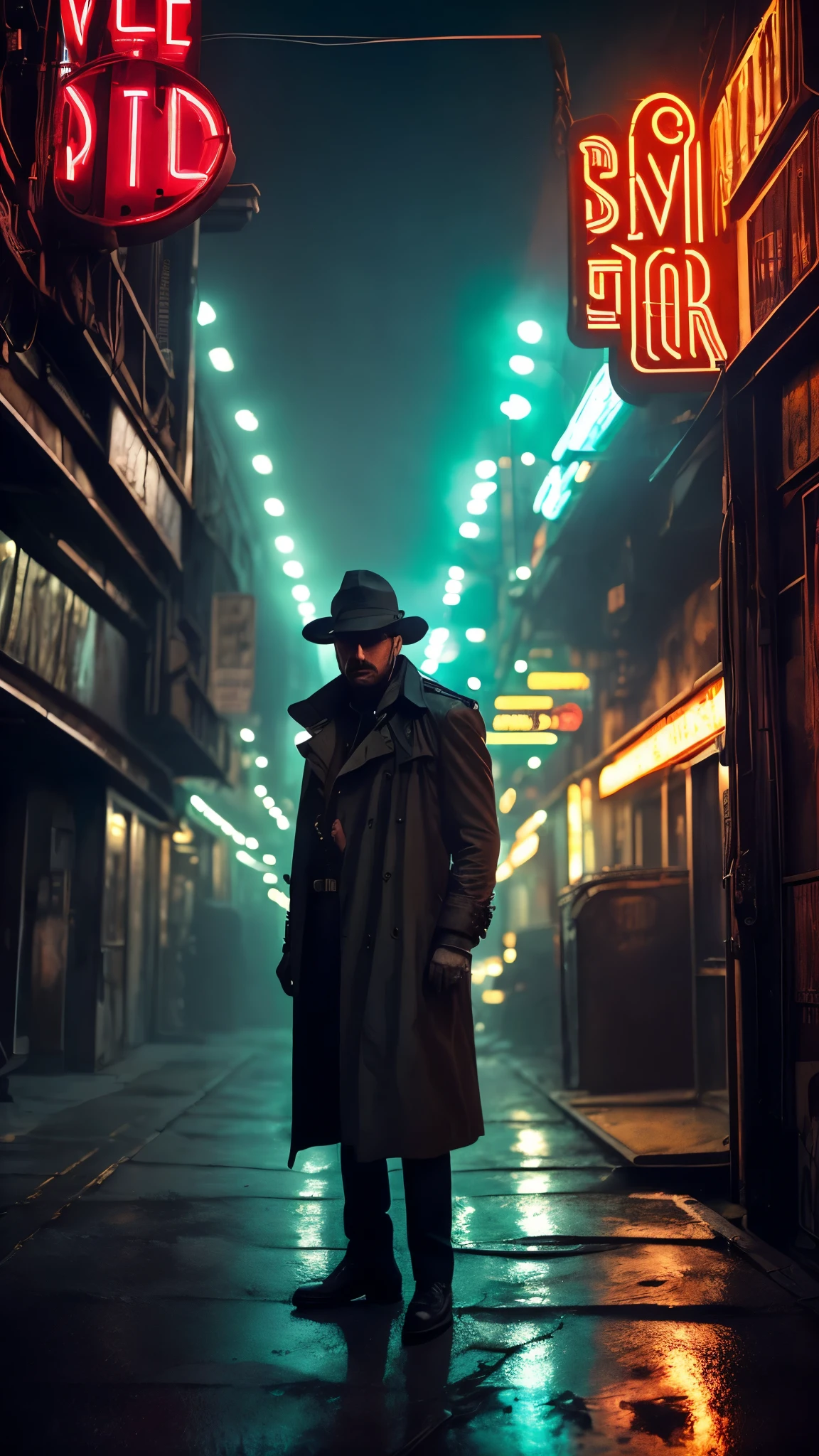 In a dimly lit corner of a bustling spaceport, a weathered private detective stands against a backdrop of flickering neon signs and smoky, industrial haze. This captivating lomographic photograph depicts a retro-futuristic noir-inspired scene, capturing the essence of intergalactic travel. The main subject, the detective, wears a worn trench coat replete with patches, revealing countless adventures. His eyes, veiled under a tilted fedora, hold a glimmer of sharp intuition, etched with wisdom. The grainy texture and muted colors enhance the nostalgic ambiance, transporting viewers to a forgotten era of mystery and exploration. This high-quality image masterfully balances vintage aesthetics and futuristic themes, inviting observers into a captivating cosmic tale.