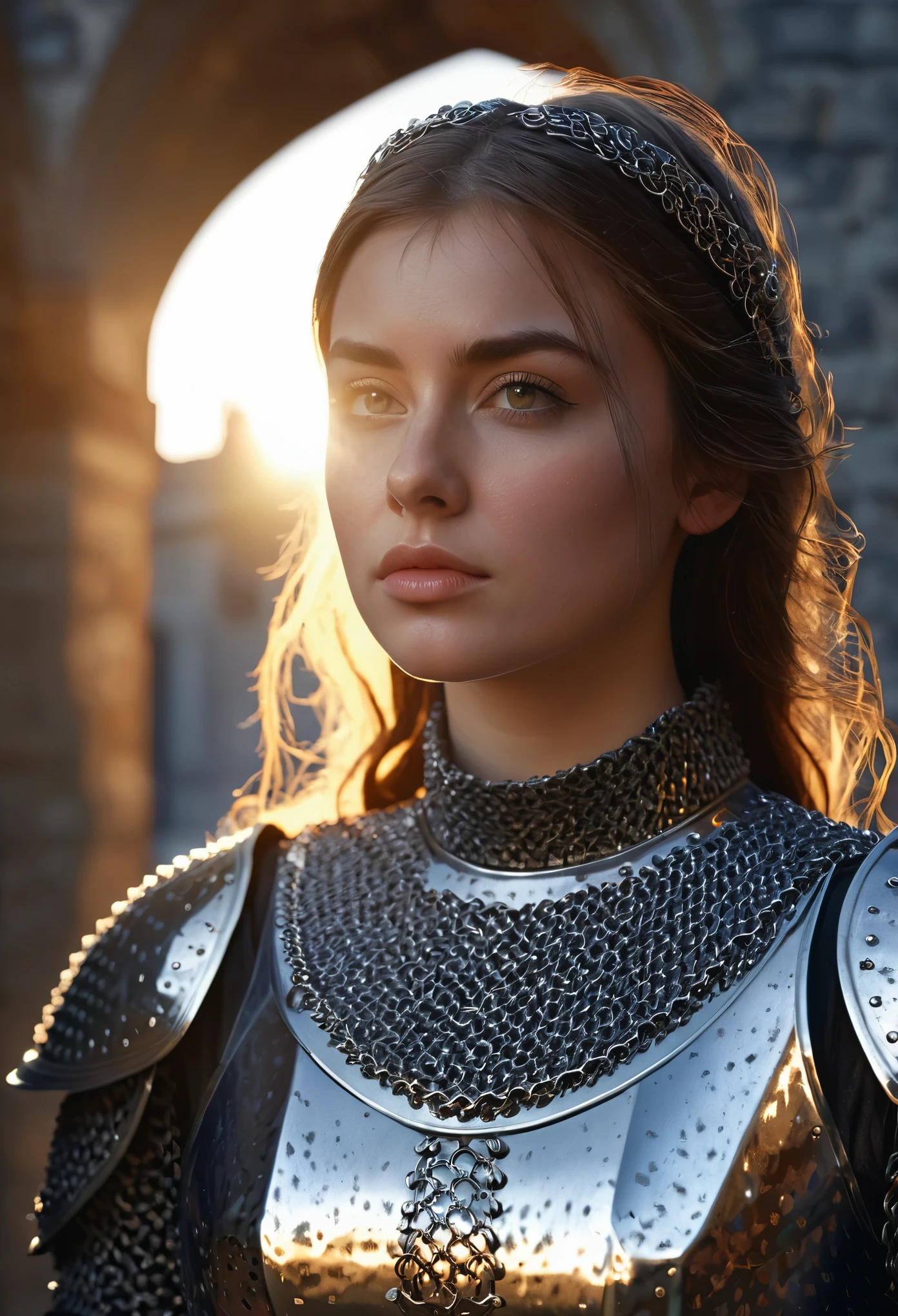 (masterpiece), (extremely intricate:1.3), (realistic), portrait of a girl, the most beautiful in the world, (medieval armor), metal reflections, upper body, outdoors, intense sunlight, far away castle, professional photograph of a stunning woman detailed, sharp focus, dramatic, award winning, cinematic lighting, octane render unreal engine, volumetrics dtx, (film grain, blurry background, blurry foreground, bokeh, depth of field, sunset, motion blur:1.3), chainmail