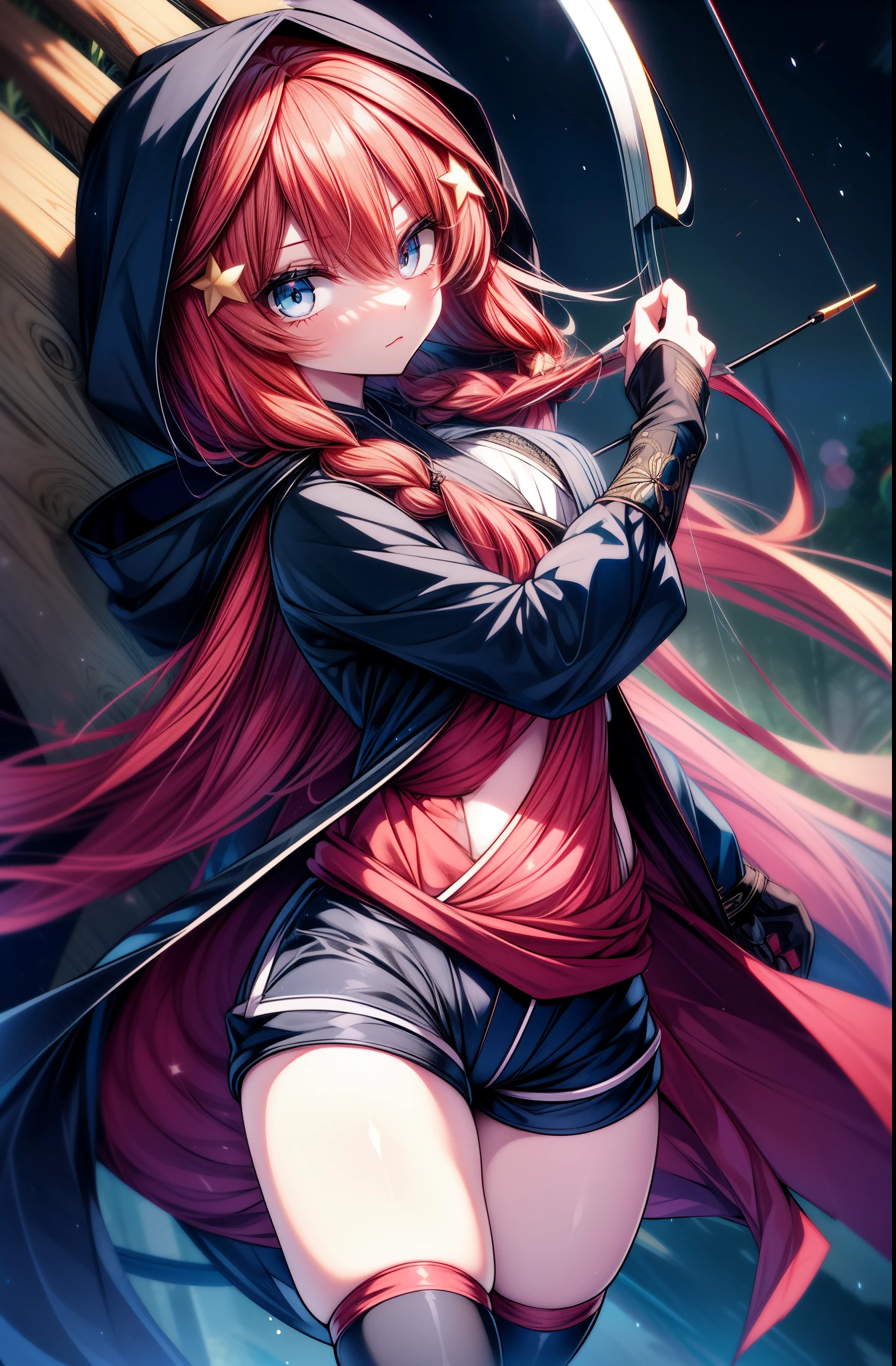 itsukinakano, Itsuki Nakano, bangs, blue eyes, hair between eyes, put the back hair in the hood,, redhead, star \(symbol\), hair ornaments, star hair ornaments,hood up, Anime girl holding a bow and arrow, Gviz, wield a bow, asymmetrical clothes, boots, cloak,gloves, red Thighhighs, high heels, shorts, Thighhighs,So that the whole body goes into the illustration,
break outdoors, forest,forest林, (cowboy shot:1. 5)
break (masterpiece:1.2), highest quality, High resolution, unity 8k wallpaper, (figure:0.8), (detailed and beautiful eyes:1.6), highly detailed face, perfect lighting, Very detailed CG, (perfect hands, perfect anatomy),