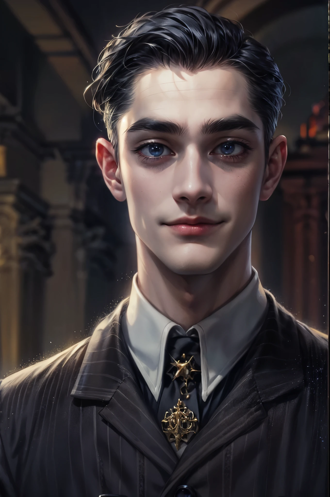 ((Best quality)), ((masterpiece)), (detailed), ((perfect face)), ((halfbody)) handsome face, male, teen boy, perfect proportions , a male version character from the addams family, short hair, male version, creepy smile, detailed eerie background, detailed eerie scenery