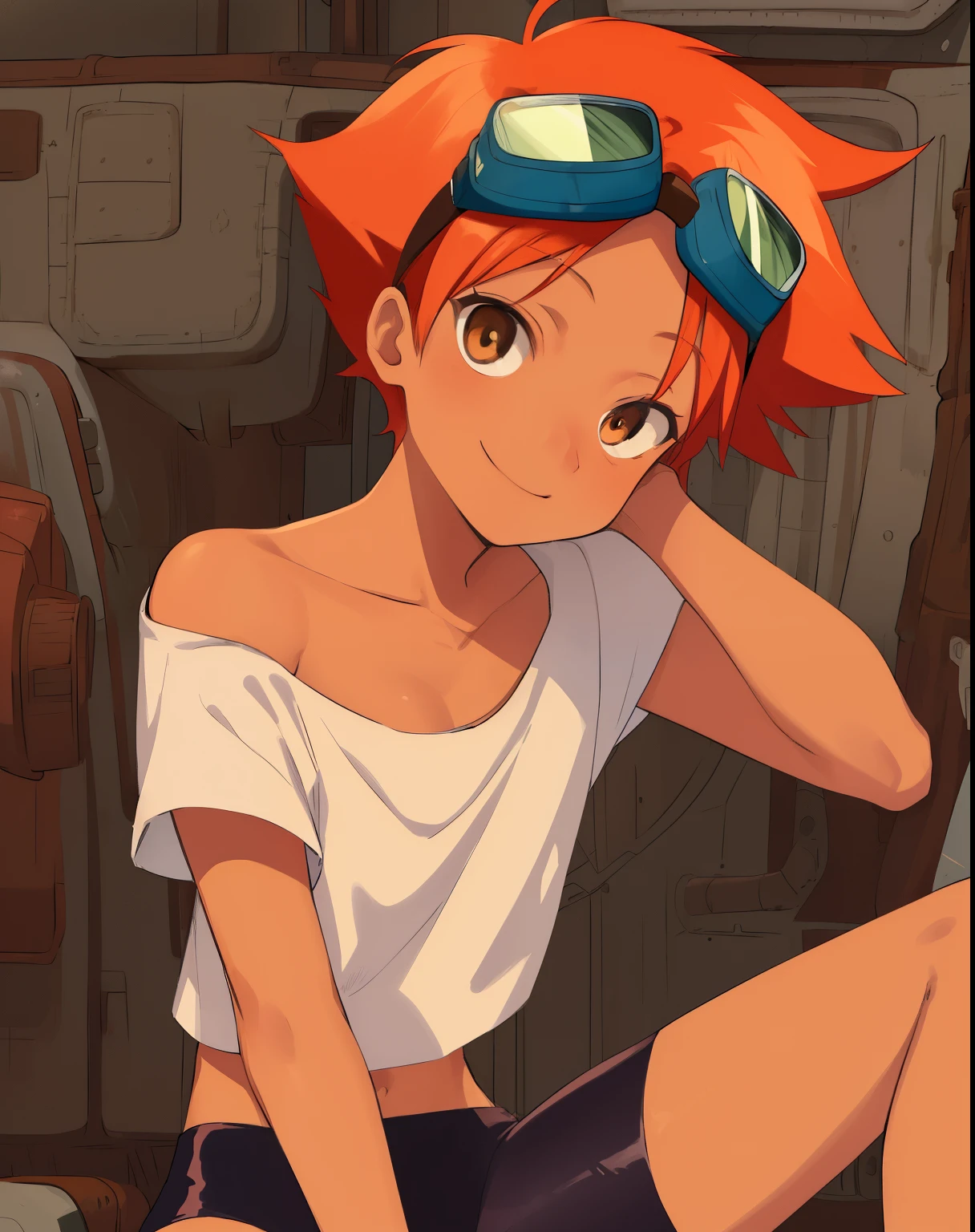 Edward,midriff,orange hair,white shirt,off shoulder,collarbone,tan skin, bike shorts,(((goggles on forehead))), brown eyes, space station,engine room, upper body,sitting,smiling, under boob, cropped shirt (insanely detailed, beautiful detailed face, masterpiece, best quality),